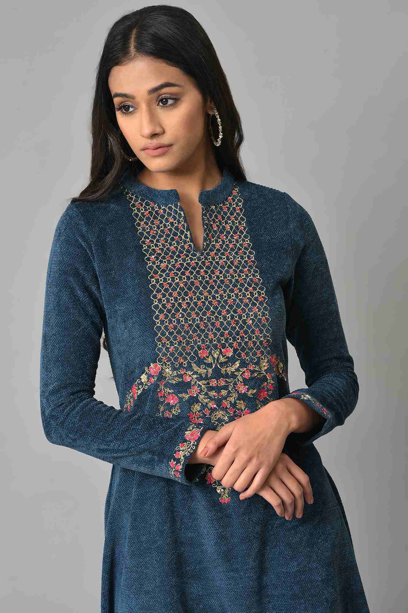 Dark Blue Embroidered Winter kurta - Image 5