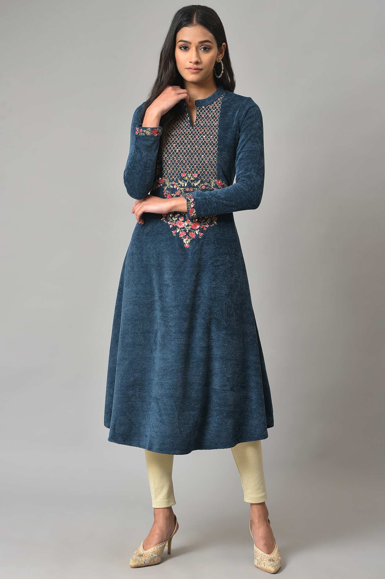 Dark Blue Embroidered Winter kurta - Image 6