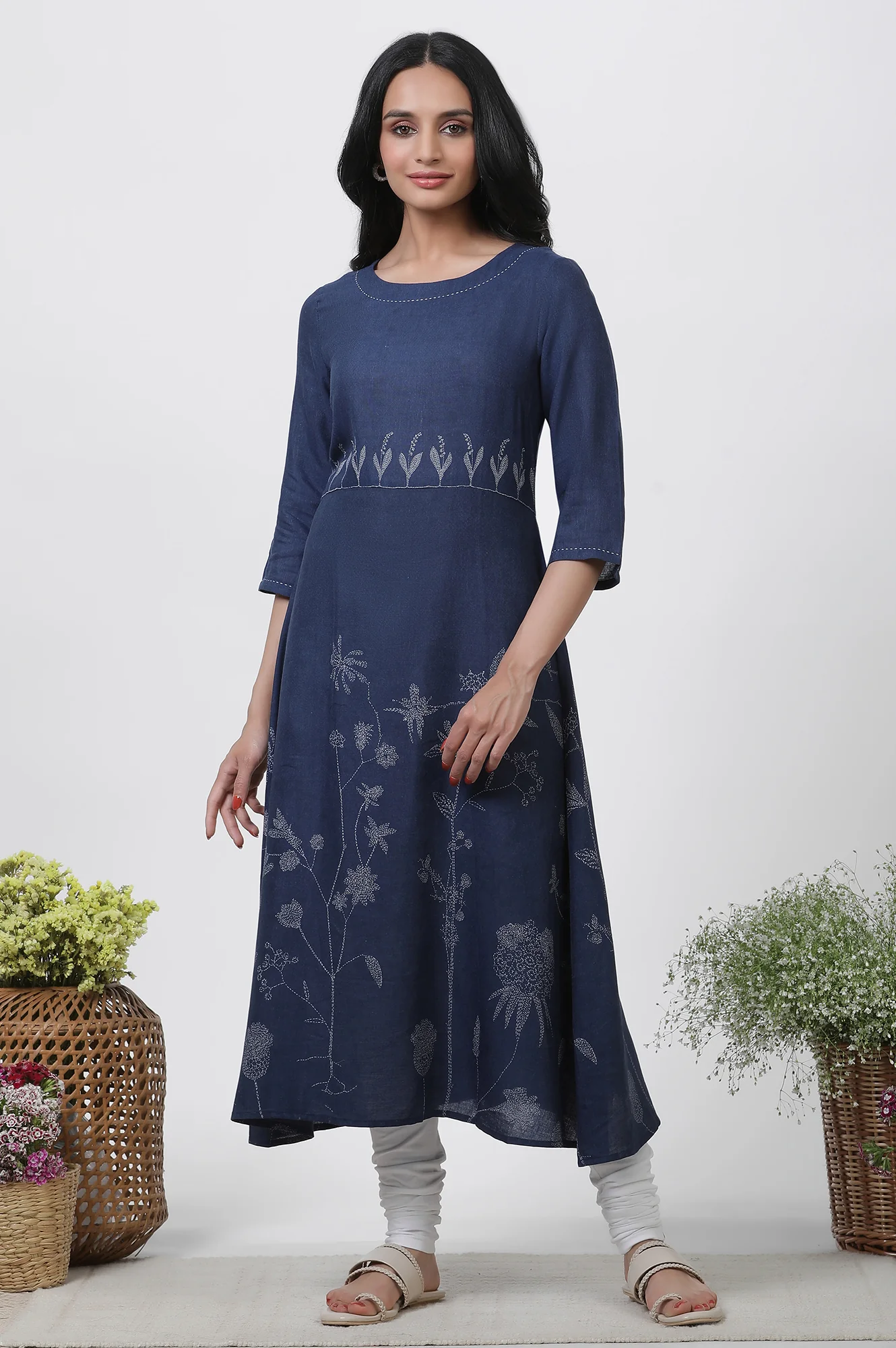 Dark Blue Kantha Kurta And Churidar Set - Image 2