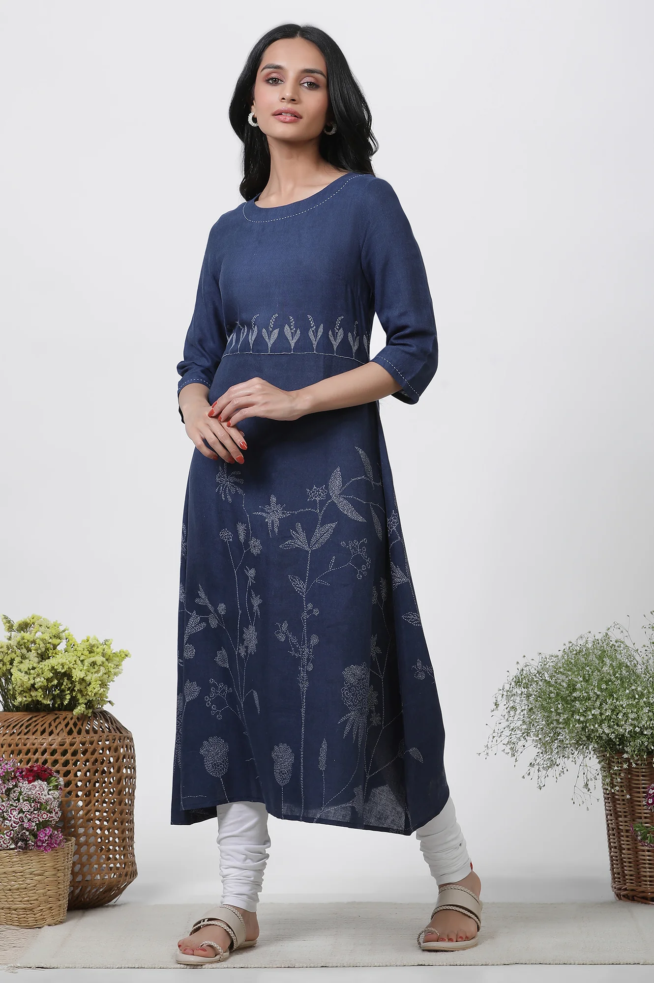 Dark Blue Kantha Kurta And Churidar Set - Image 3