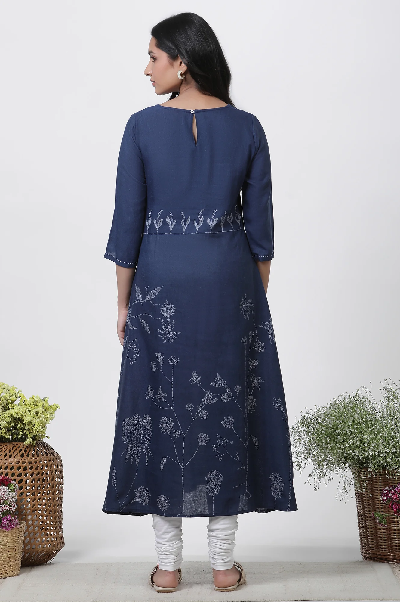 Dark Blue Kantha Kurta And Churidar Set - Image 4
