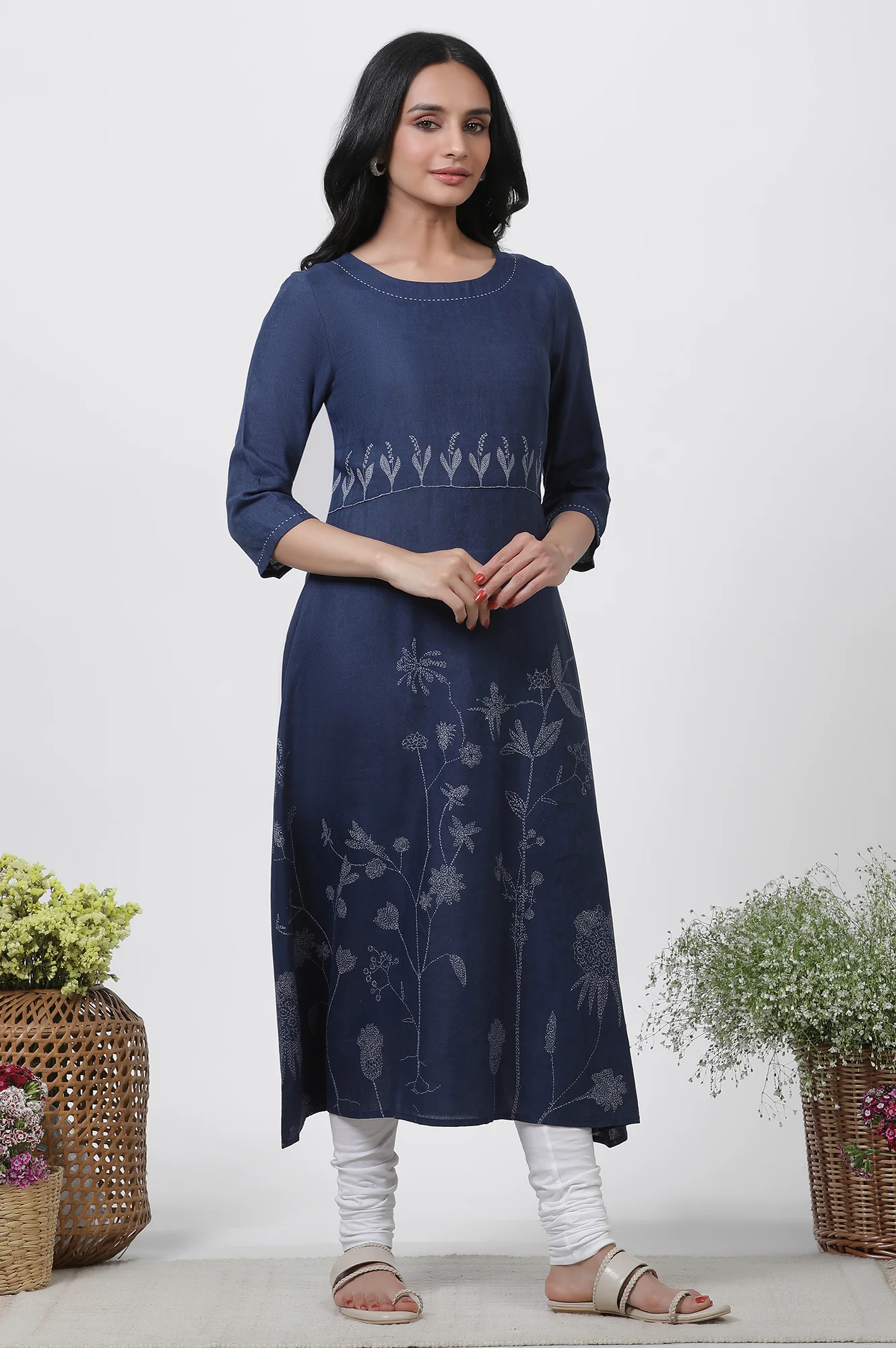 Dark Blue Kantha Kurta And Churidar Set - Image 5