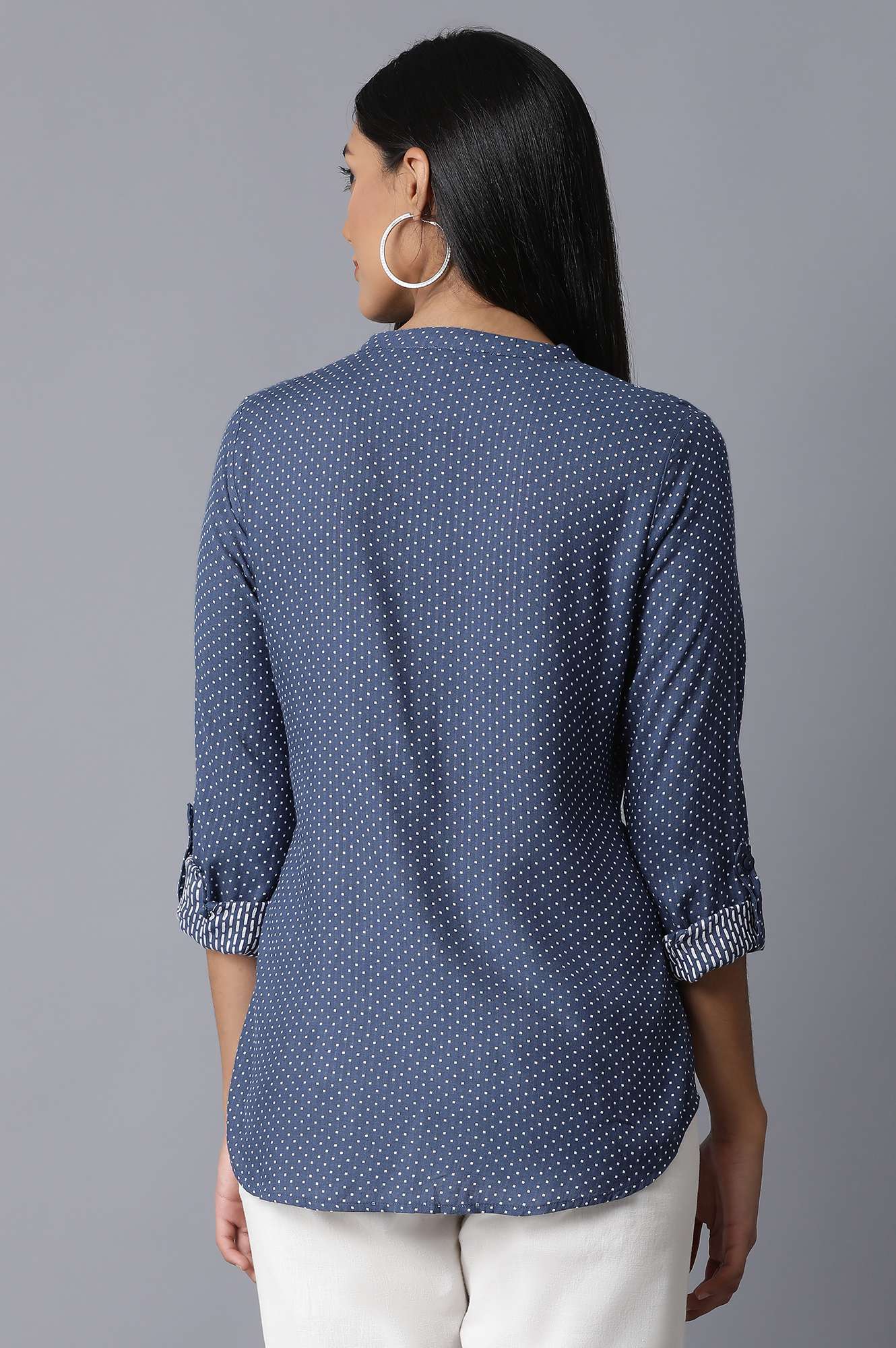 Dark Blue Mandarin Collar Shirt - Image 2