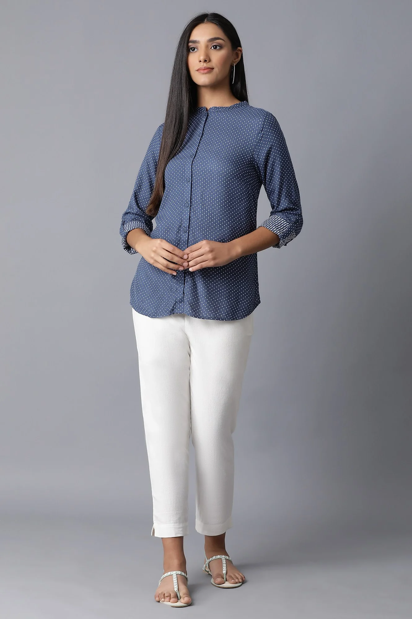 Dark Blue Mandarin Collar Shirt - Image 5