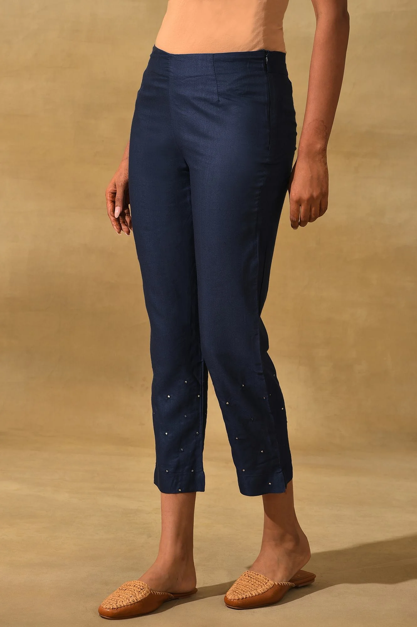 Dark Blue Solid Slim Pants - Image 4