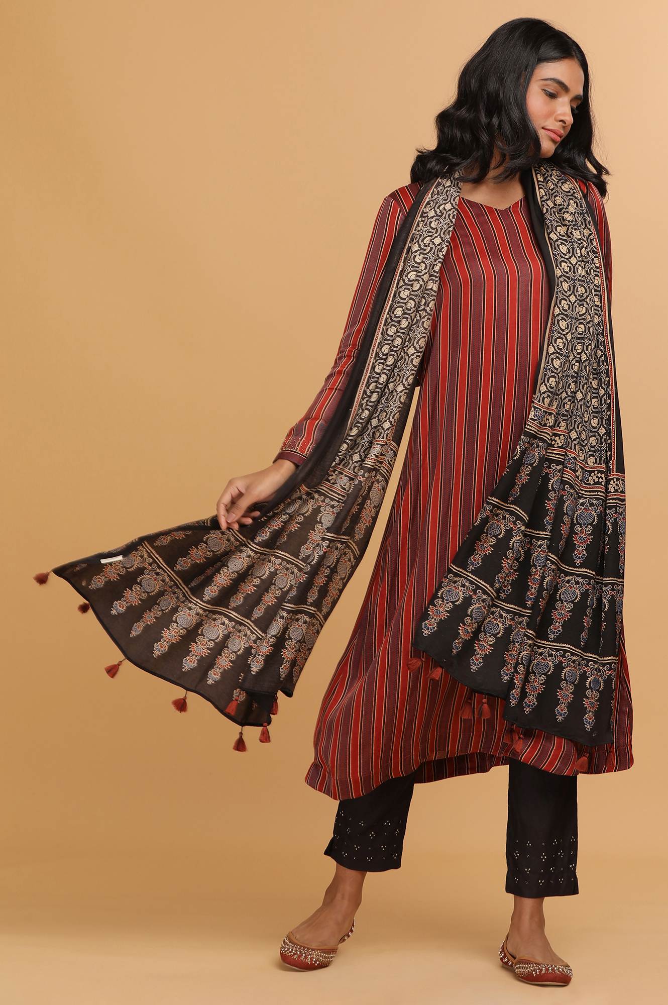 Dark Brown Ajrakh Printed Drape - Image 2