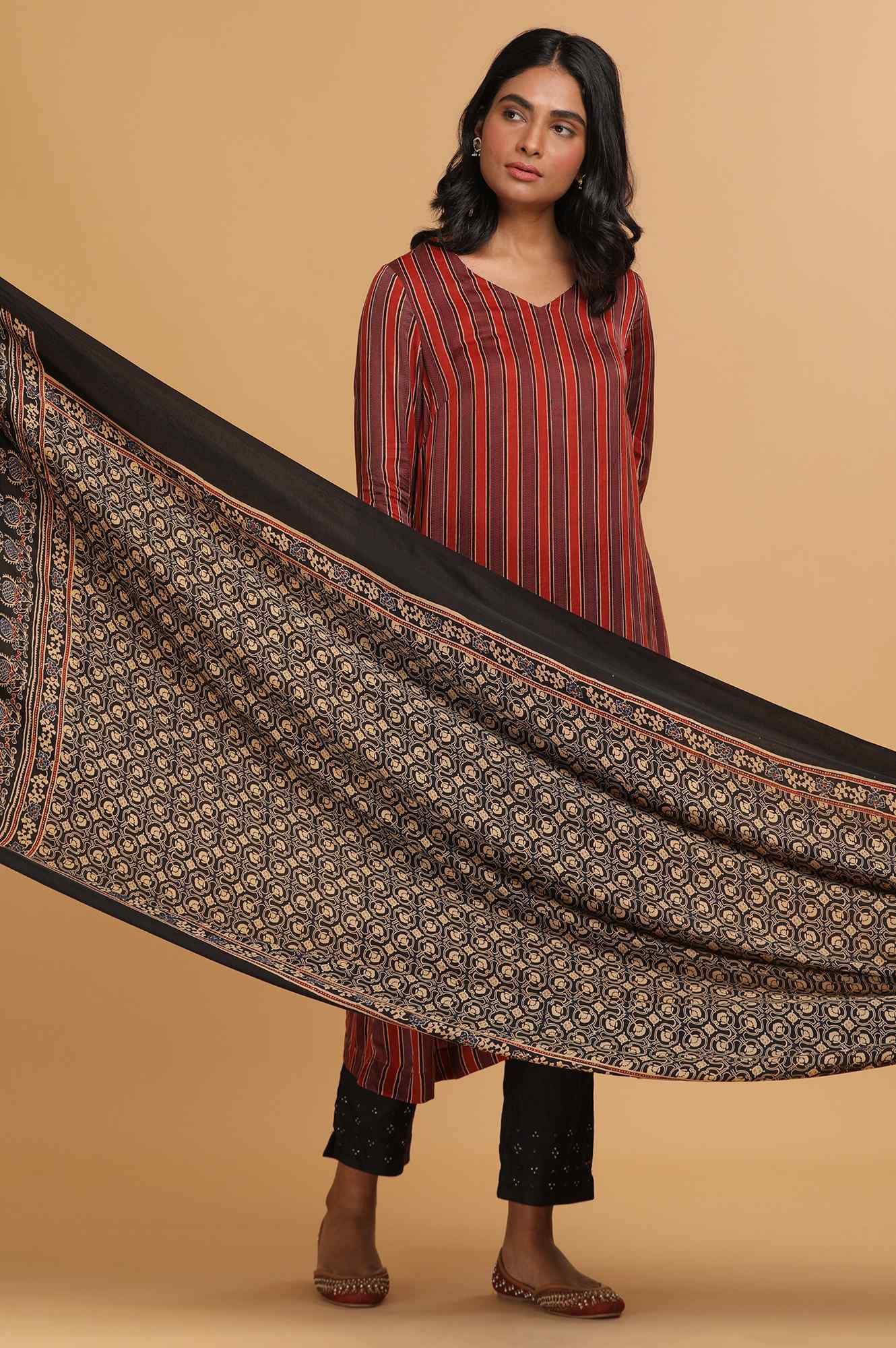 Dark Brown Ajrakh Printed Drape - Image 3