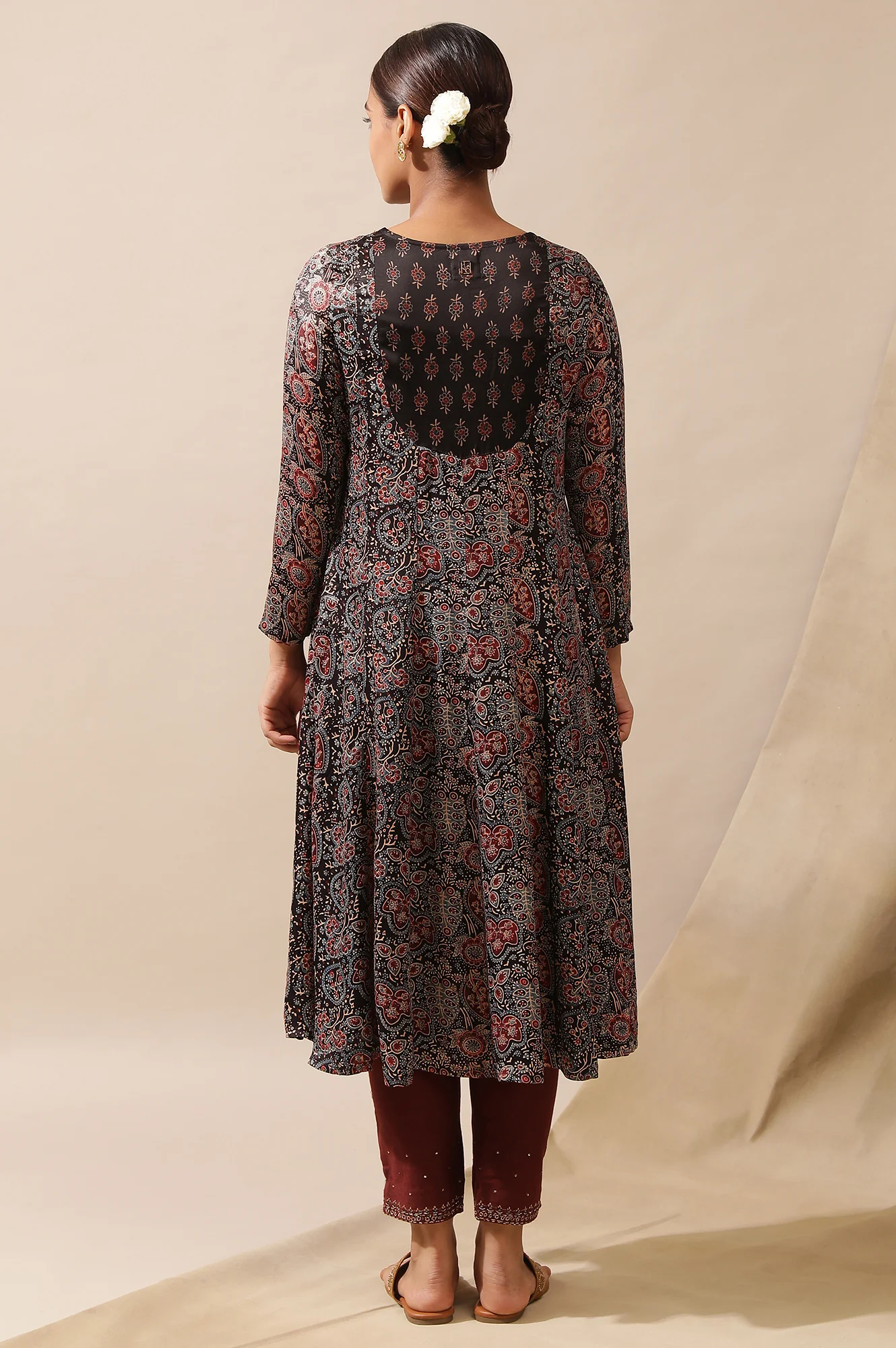 Dark Brown Ajrakh Printed Kalidar Kurta - Image 3