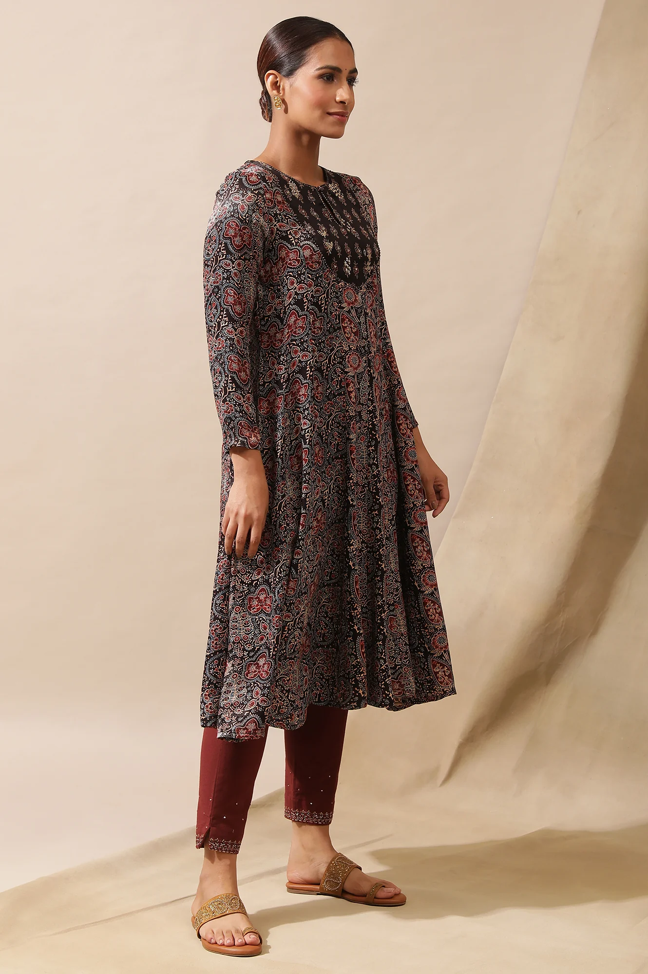 Dark Brown Ajrakh Printed Kalidar Kurta - Image 4