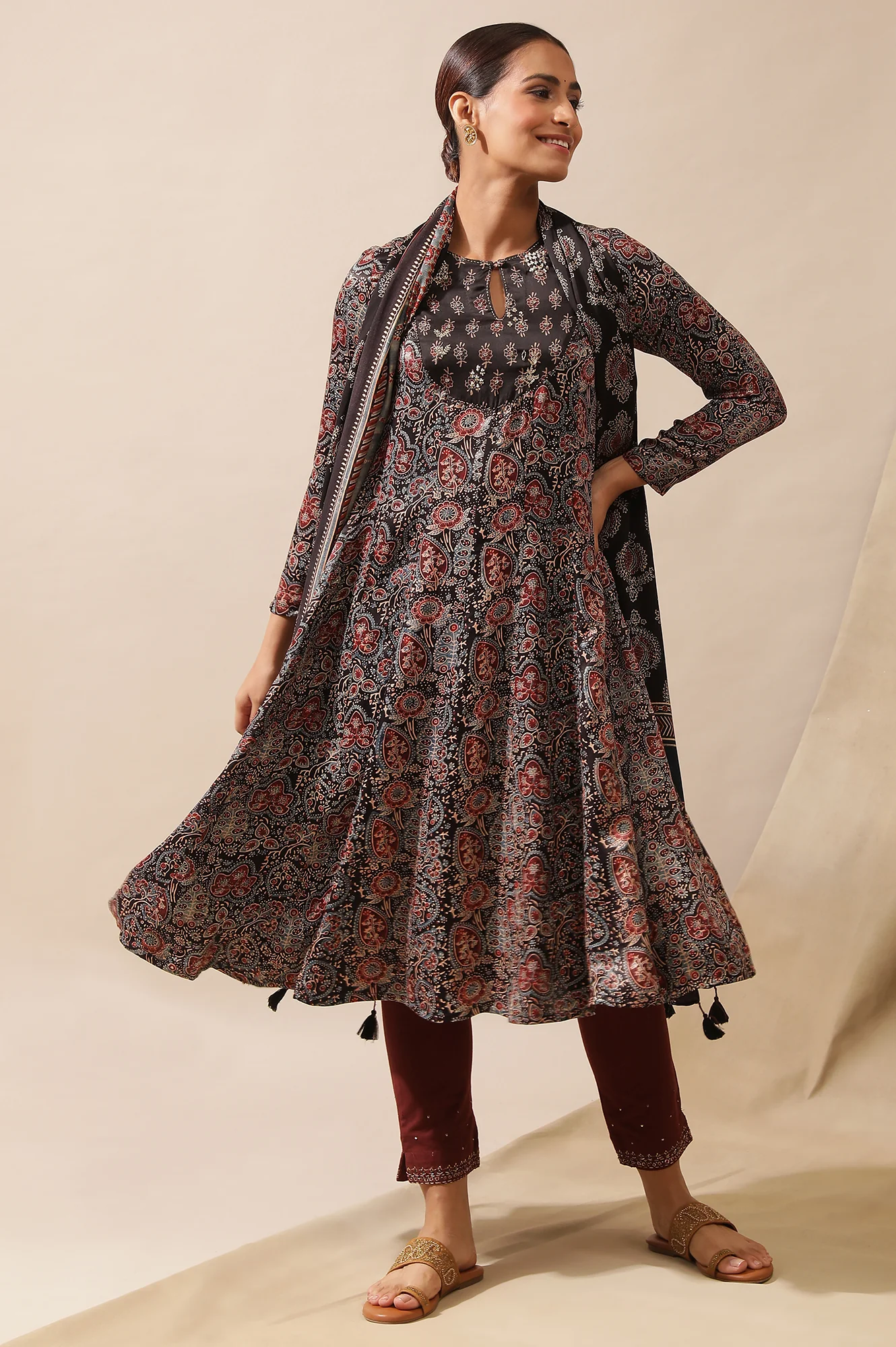 Dark Brown Ajrakh Printed Kalidar Kurta - Image 5