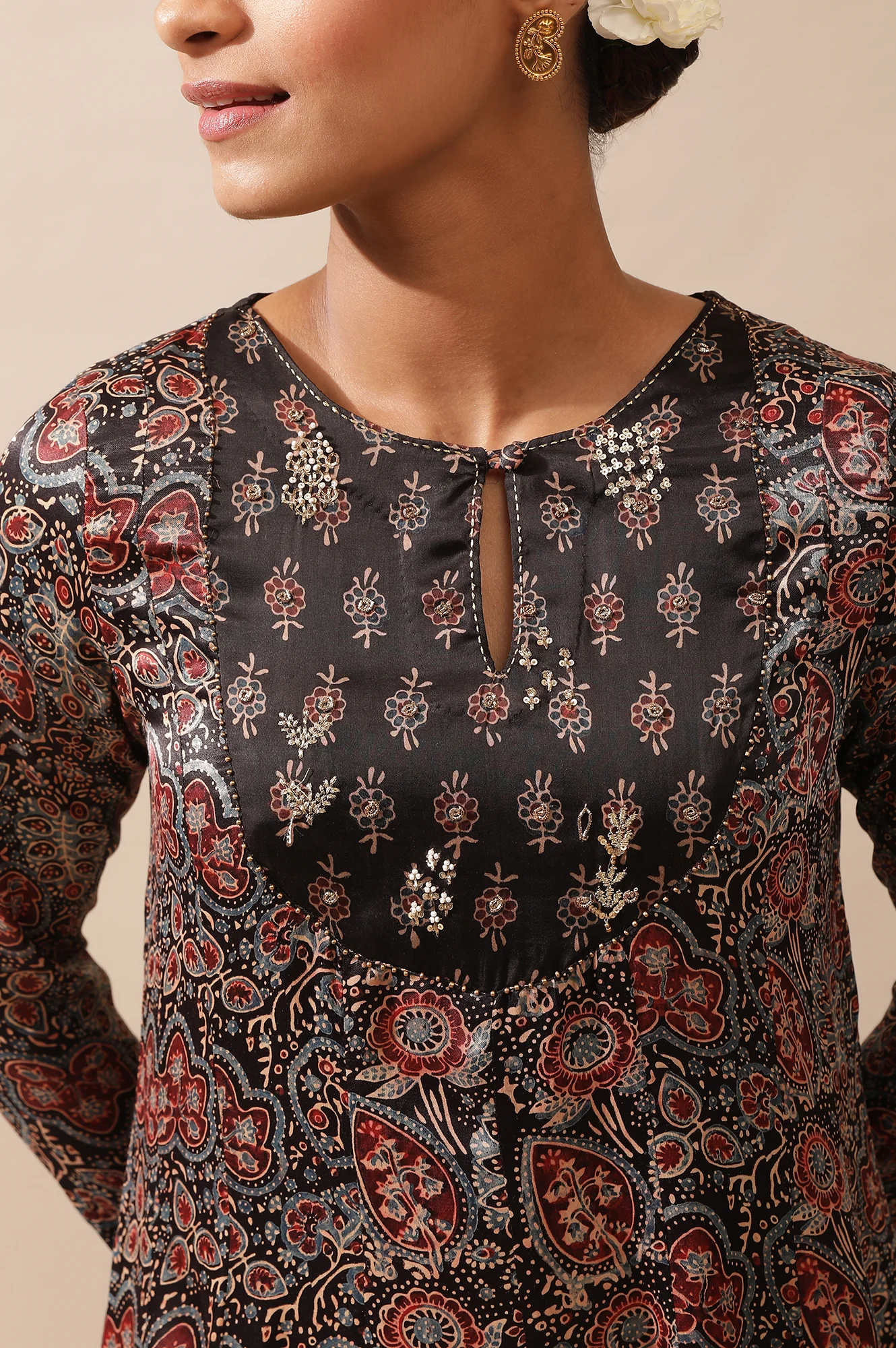 Dark Brown Ajrakh Printed Kalidar Kurta - Image 6