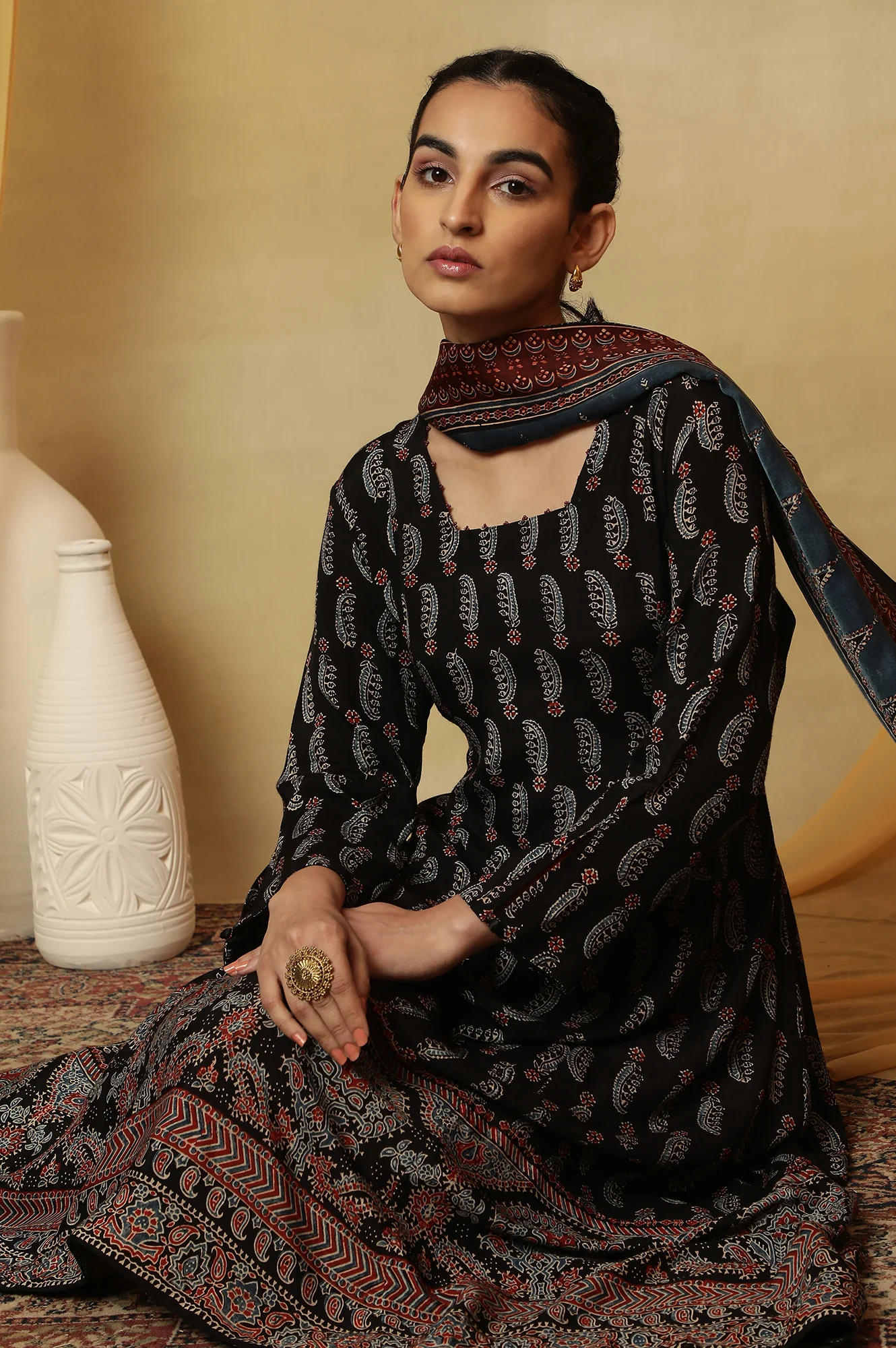 Dark Brown Ajrakh Printed Kalidar Kurta - Image 6