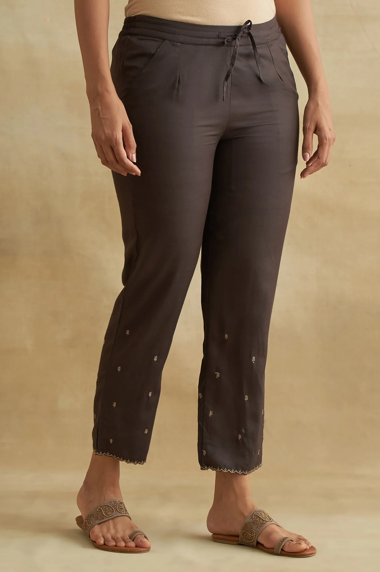 Dark Brown Solid Straight Pants - Image 4