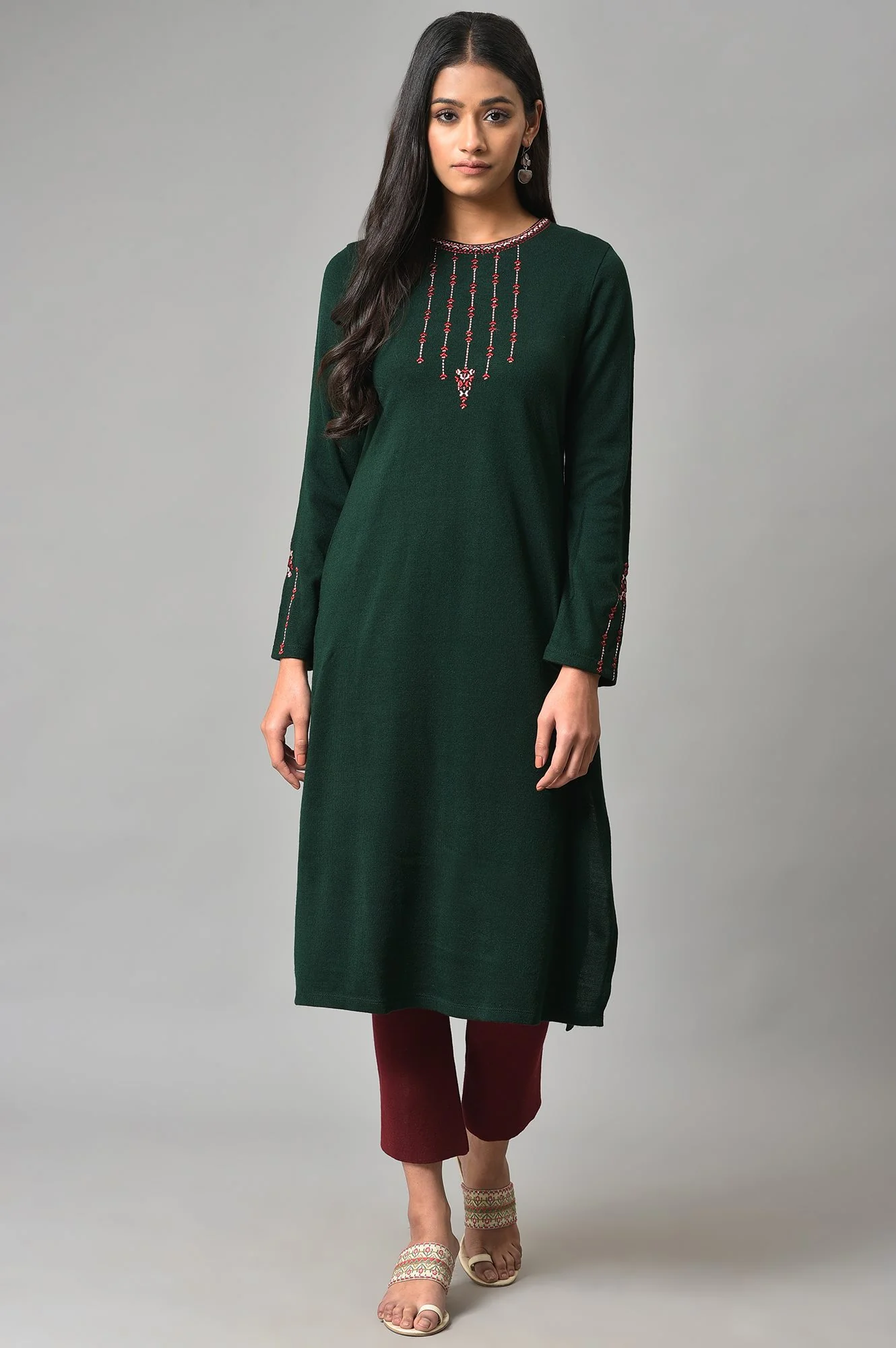 Dark Green Embroidered Winter kurta - Image 6
