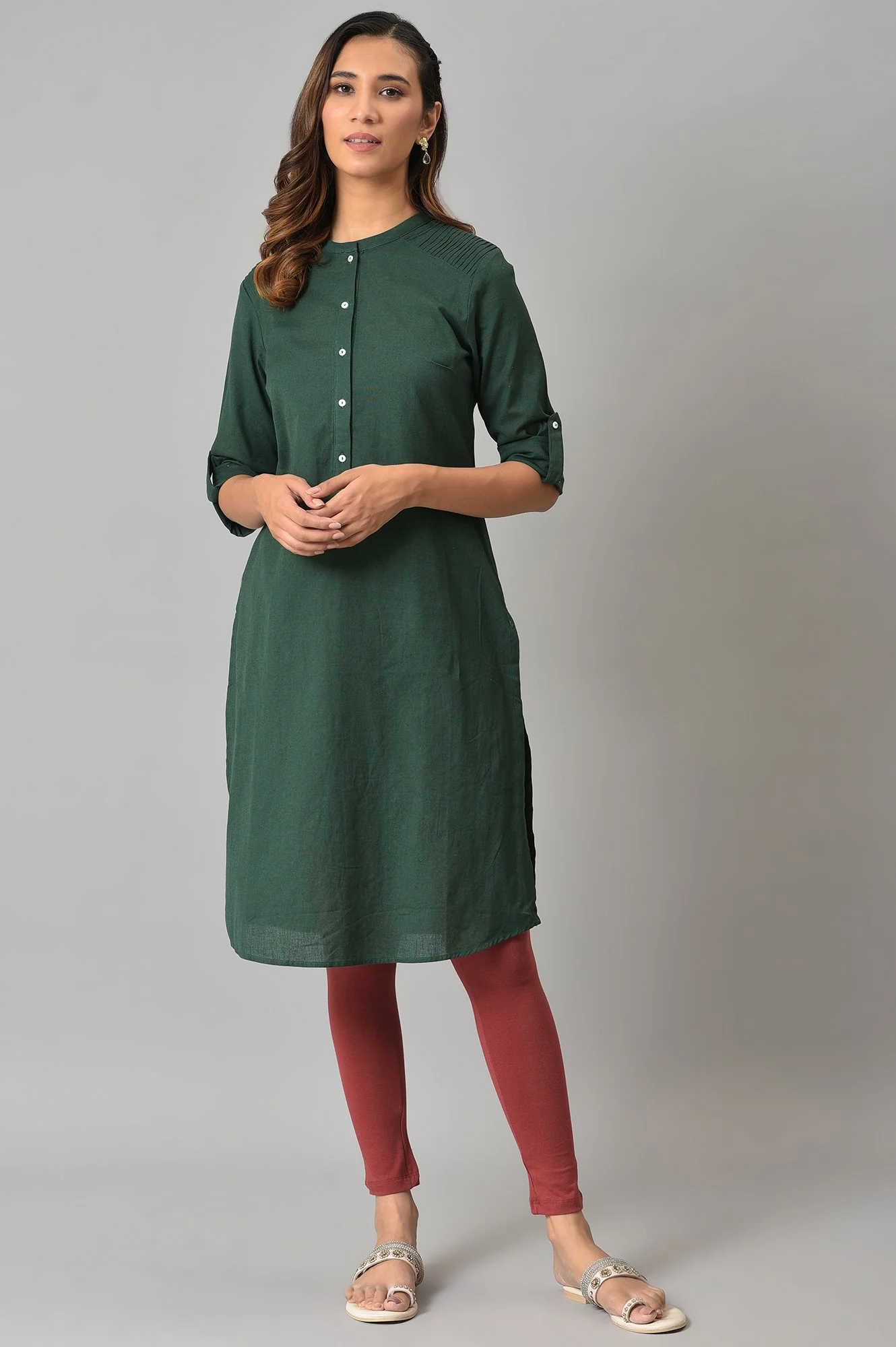 Dark Green Half Placket Shirt kurta - Image 5