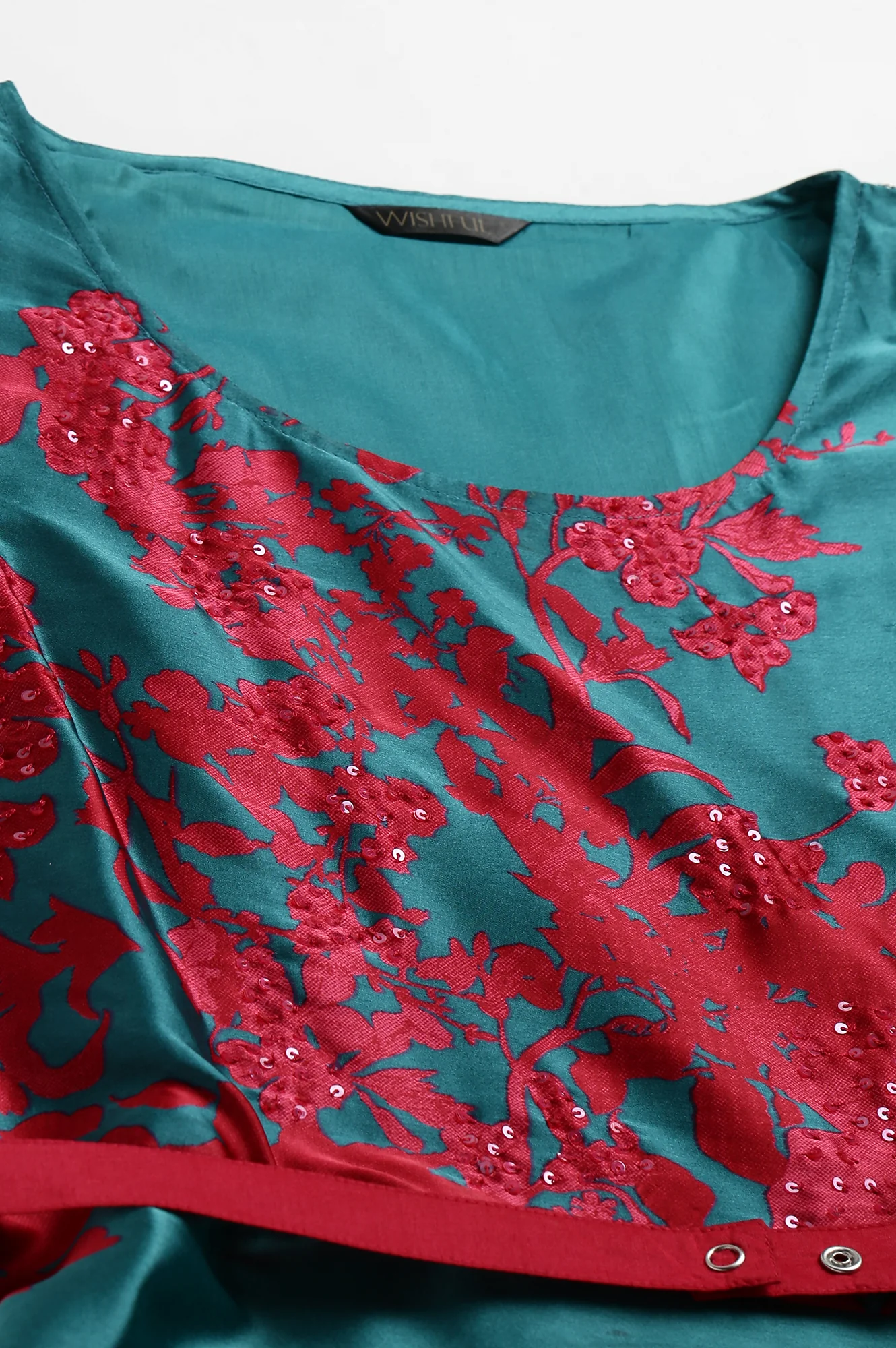 Dark Pink and Green Satin Predrape Saree Dress with Embroidered Belt - Image 2