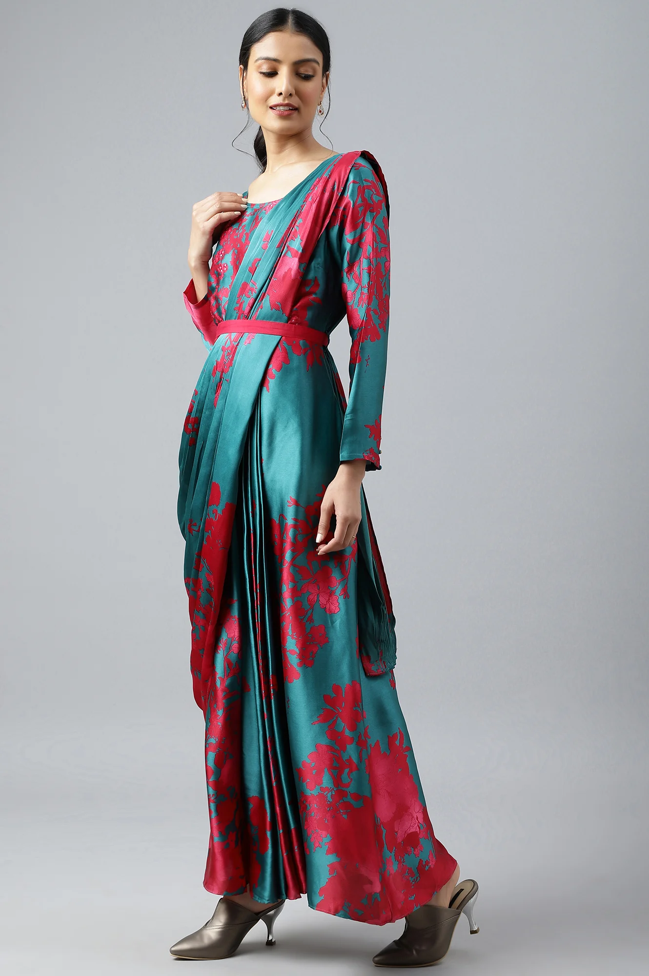 Dark Pink and Green Satin Predrape Saree Dress with Embroidered Belt - Image 3