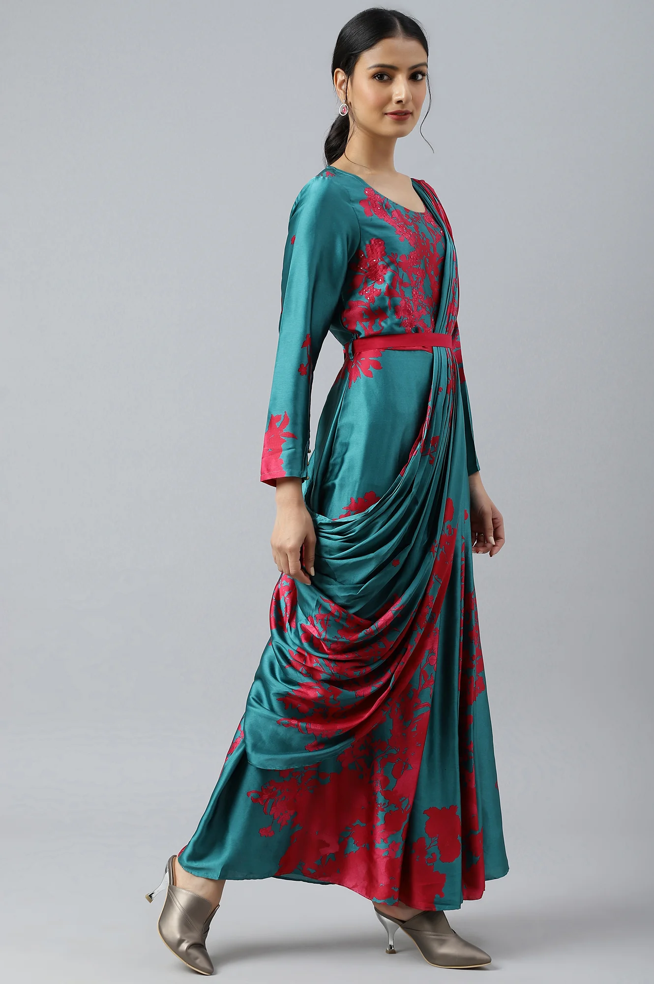 Dark Pink and Green Satin Predrape Saree Dress with Embroidered Belt - Image 4