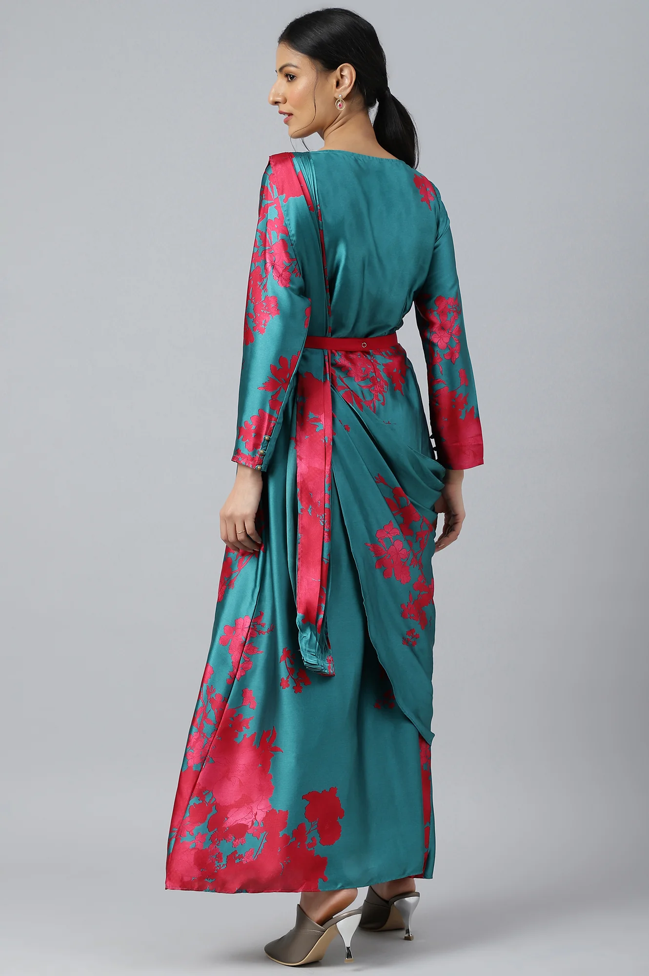 Dark Pink and Green Satin Predrape Saree Dress with Embroidered Belt - Image 5