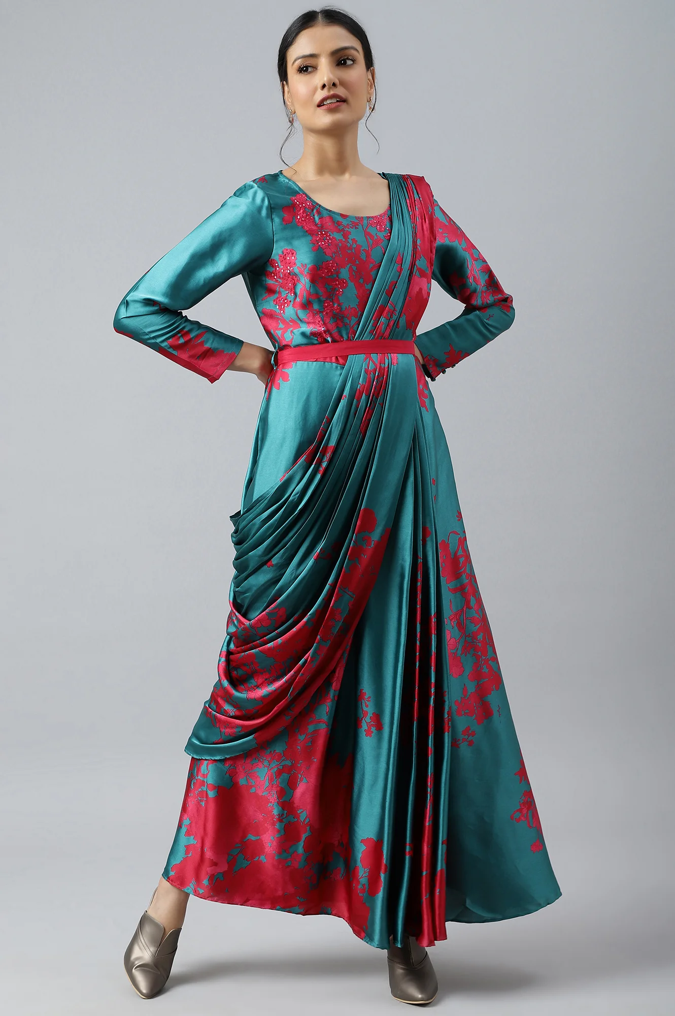 Dark Pink and Green Satin Predrape Saree Dress with Embroidered Belt - Image 6