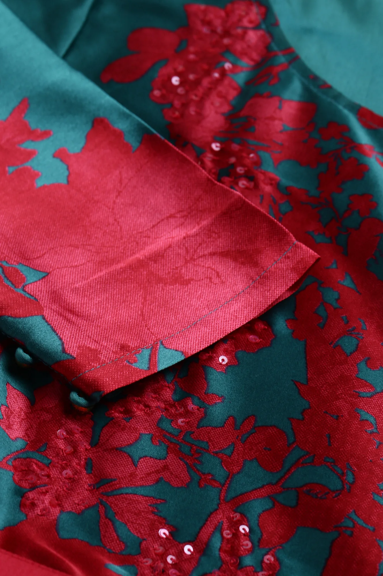 Dark Pink and Green Satin Predrape Saree Dress with Embroidered Belt - Image 7