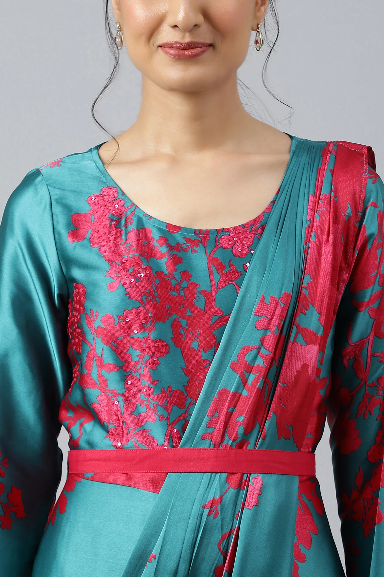 Dark Pink and Green Satin Predrape Saree Dress with Embroidered Belt - Image 8