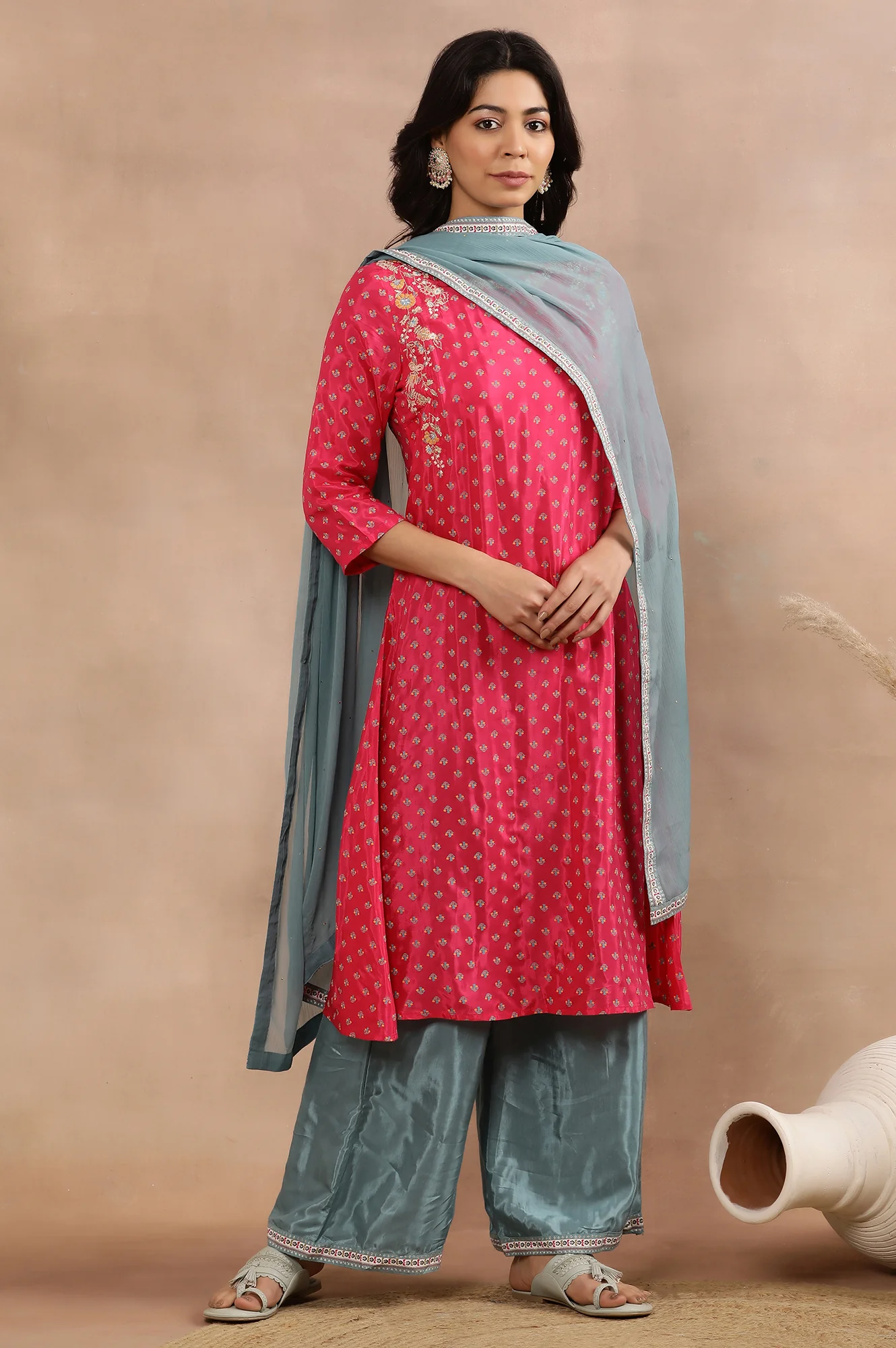 Dark Pink Embroidered Kurta, Parallel Pants And Dupatta Set - Image 2
