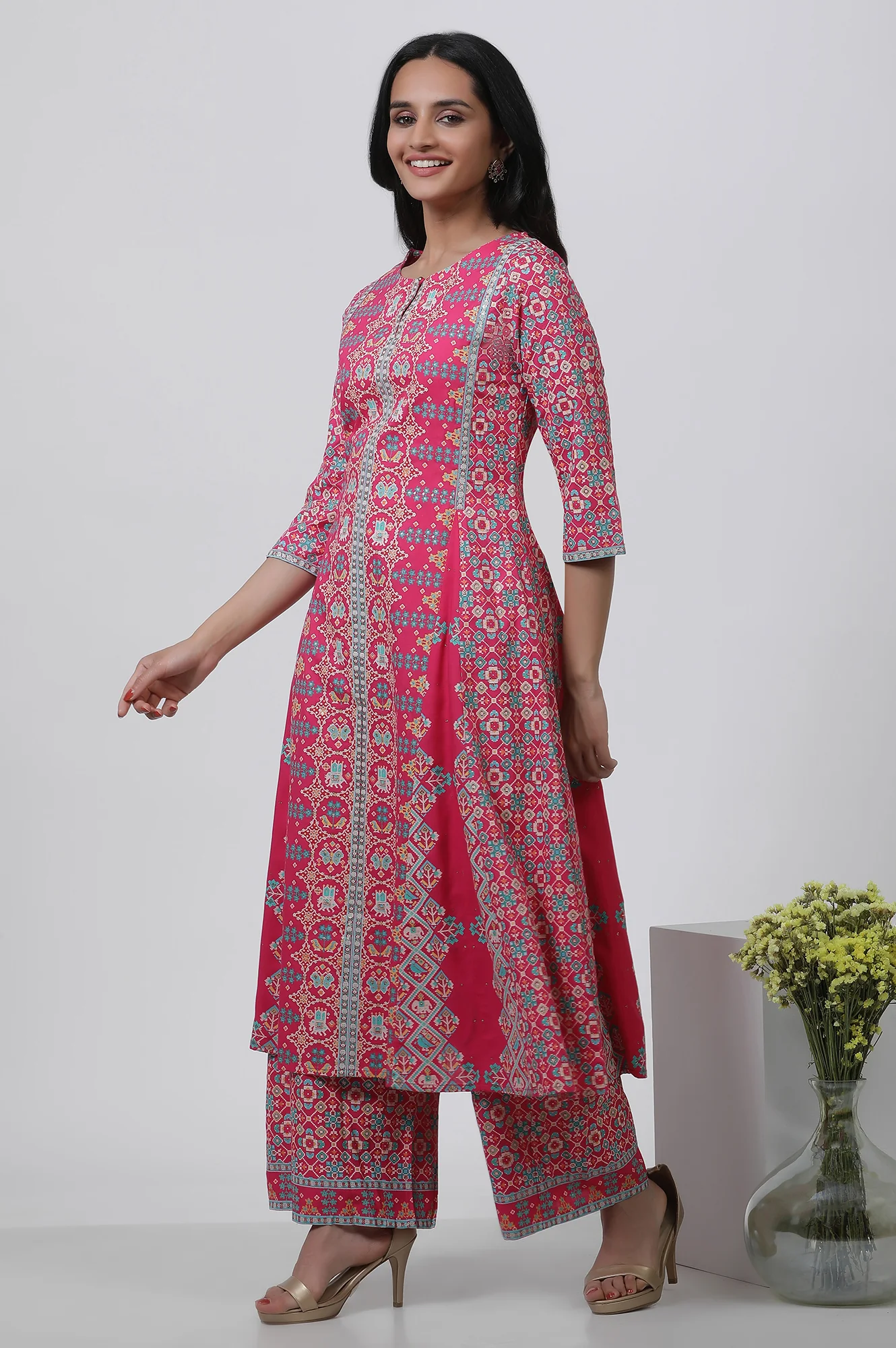 Dark Pink Printed A-Line Kurta And Parallel Pants Set - Image 3