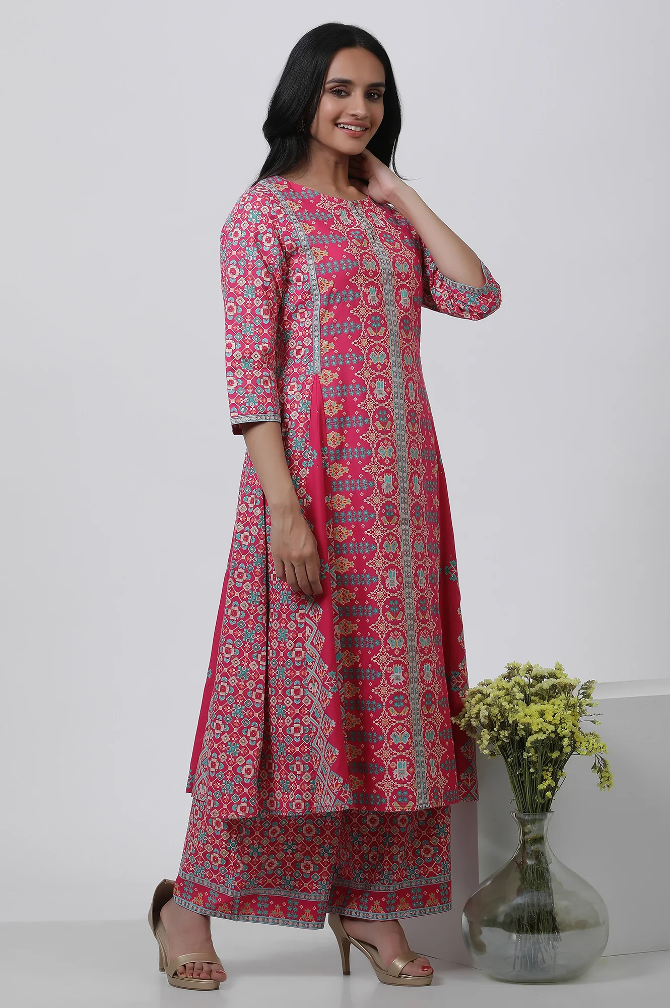 Dark Pink Printed A-Line Kurta And Parallel Pants Set - Image 5