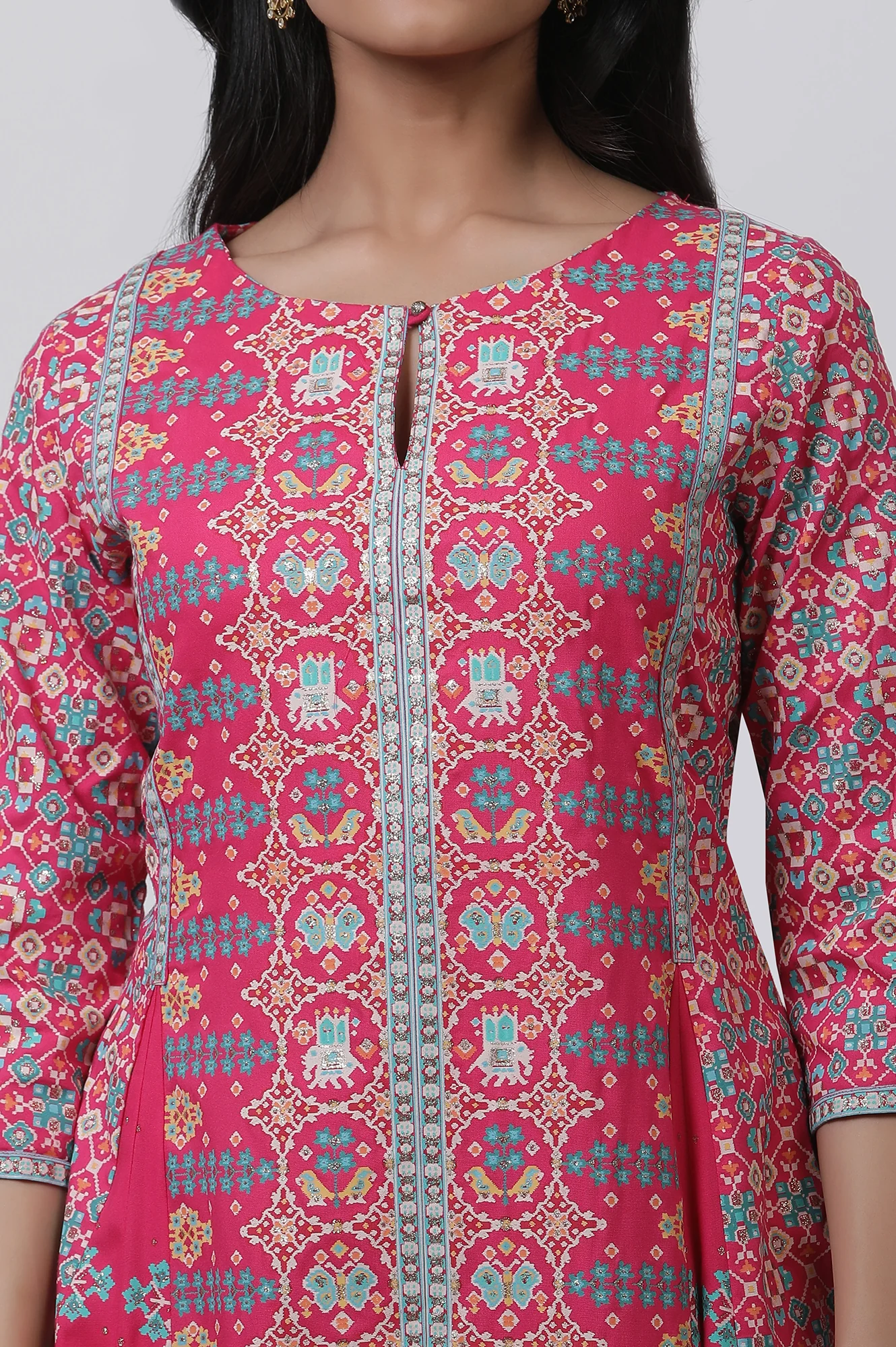 Dark Pink Printed A-Line Kurta And Parallel Pants Set - Image 6