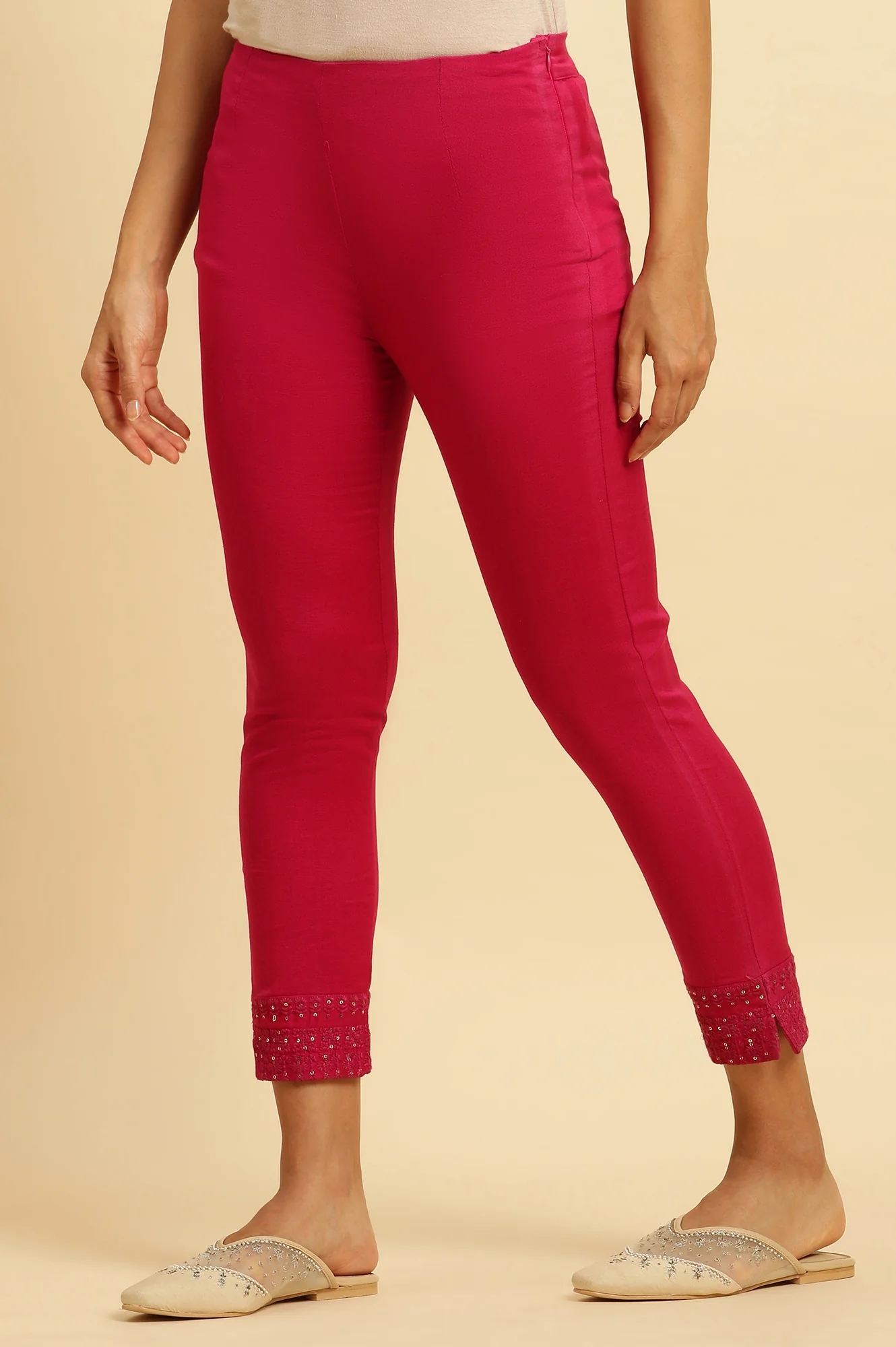 Dark Pink Solid Light Festive Slim Pants - Image 2