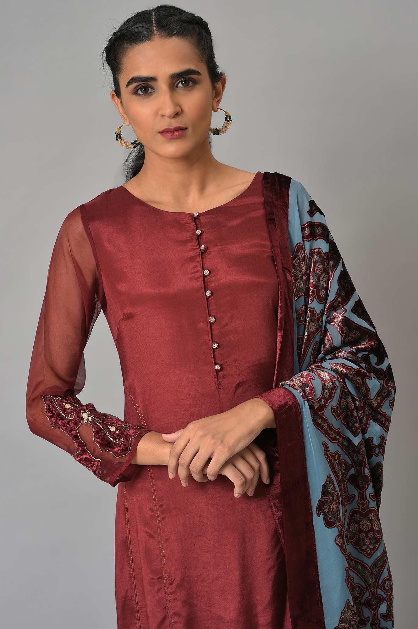 Dark Red Embroidered Kurta, Pants And Organza Dupatta - Image 5