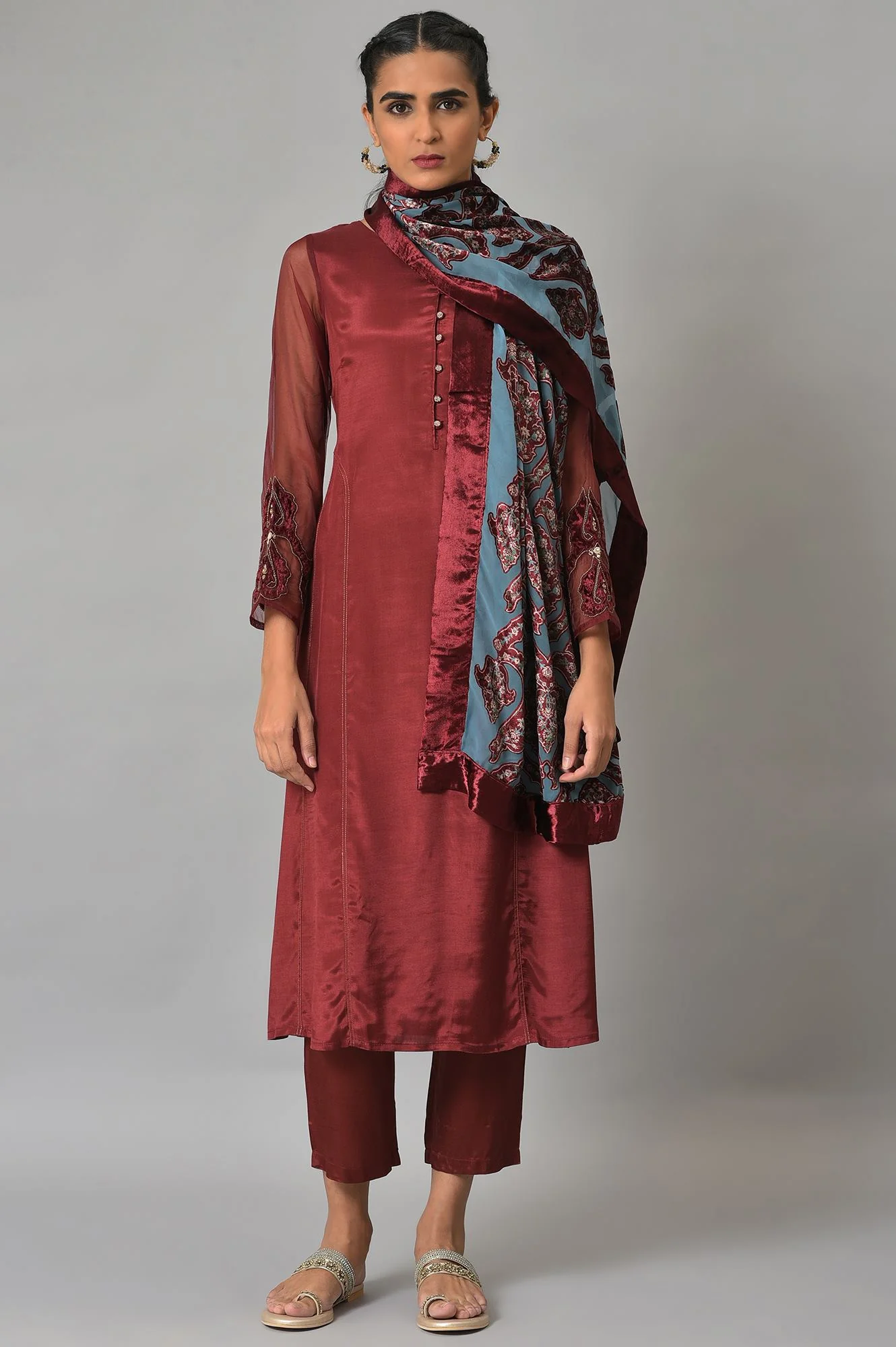 Dark Red Embroidered Kurta, Pants And Organza Dupatta - Image 9