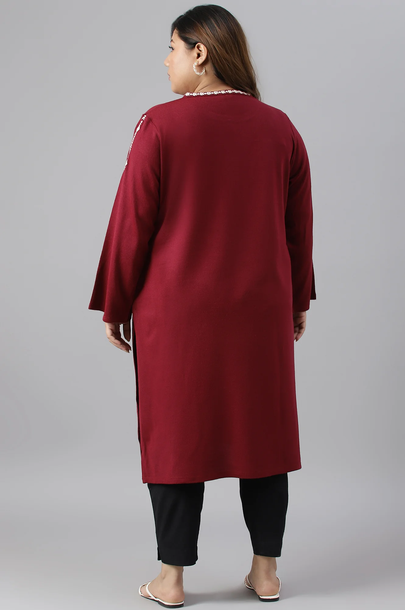 Dark Red Embroidered Plus Size Winter kurta - Image 2