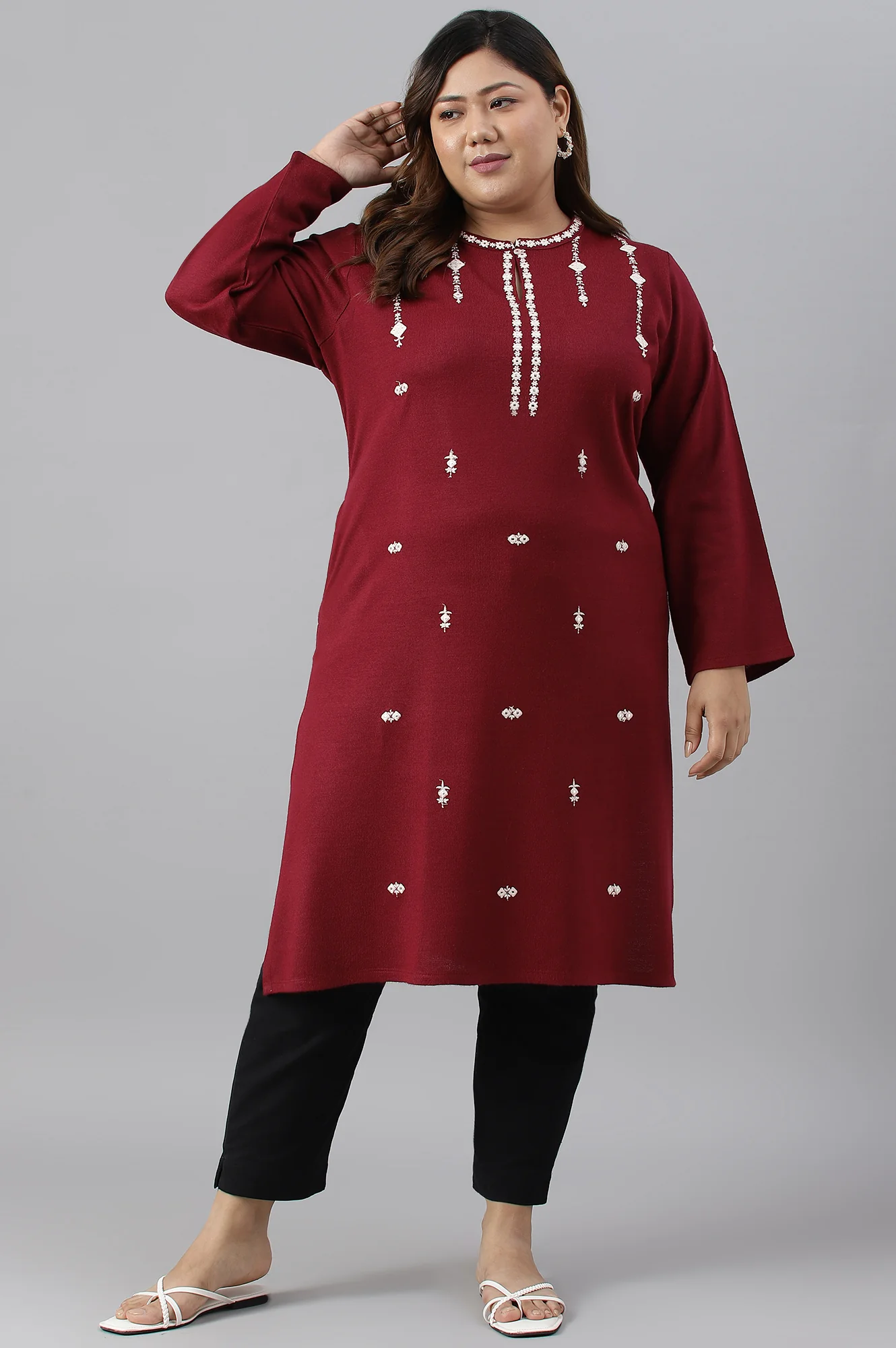 Dark Red Embroidered Plus Size Winter kurta - Image 6