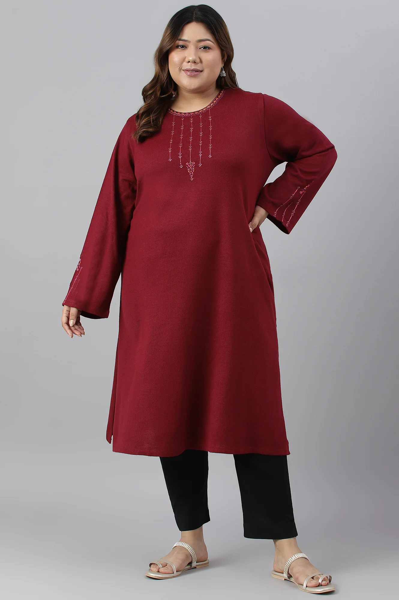 Dark Red Embroidered Plus Size Winter kurta - Image 6