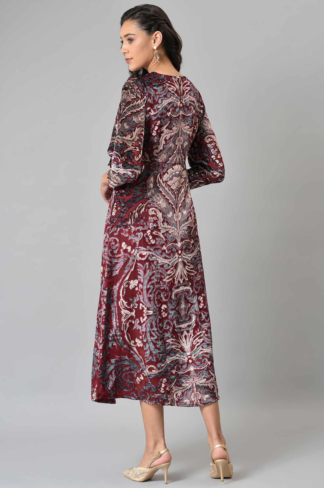 Dark Red Floral Printed Velvet Cocktail Dress - Image 2