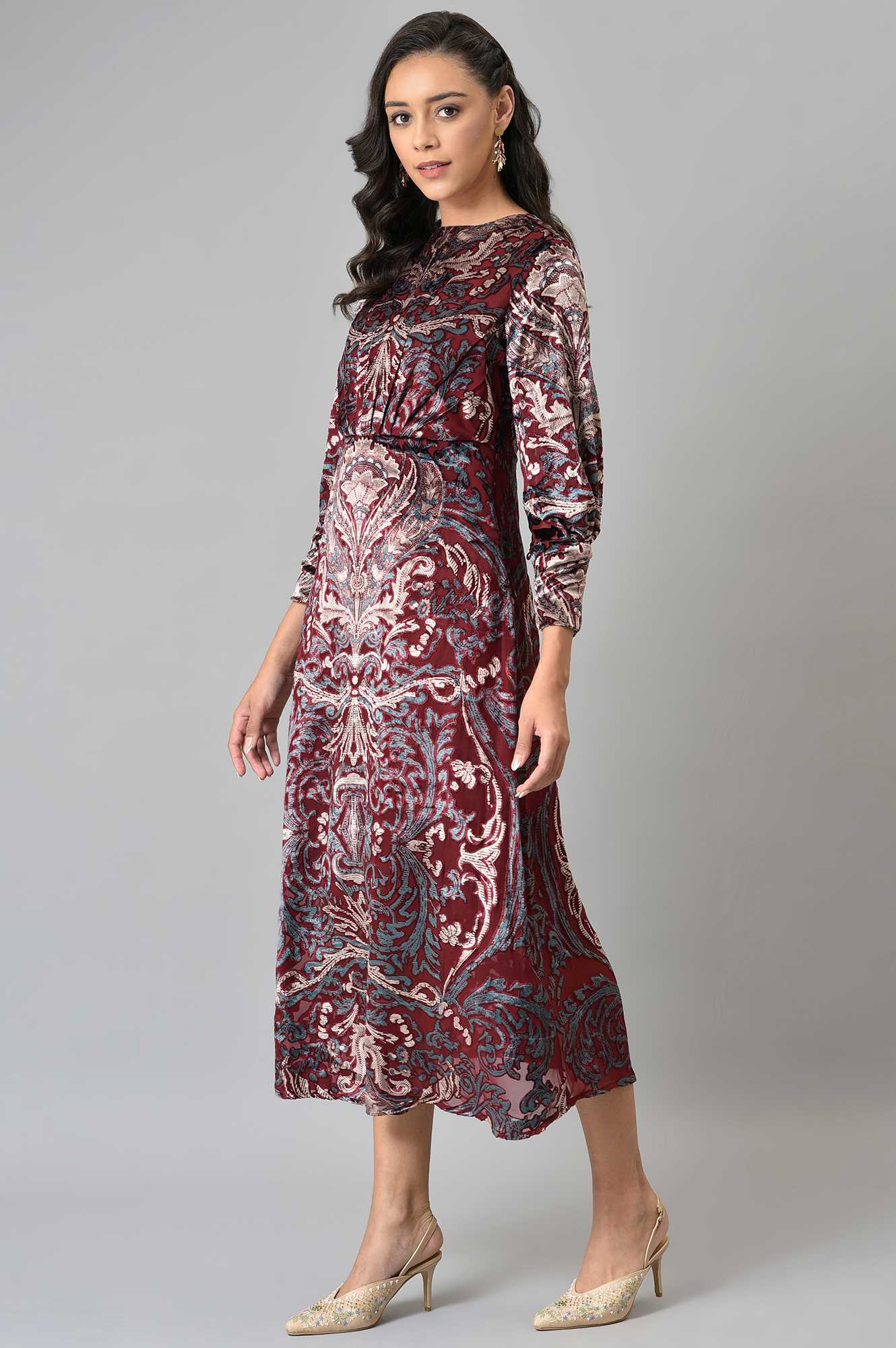 Dark Red Floral Printed Velvet Cocktail Dress - Image 3
