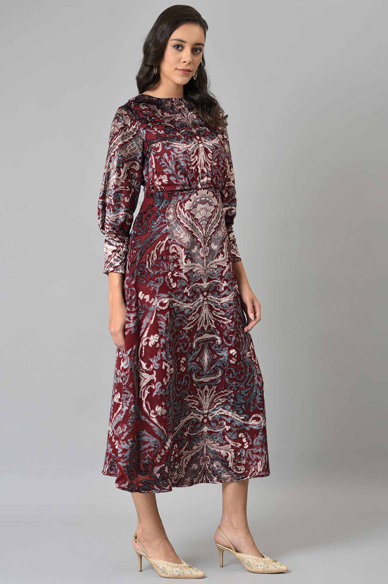 Dark Red Floral Printed Velvet Cocktail Dress - Image 4