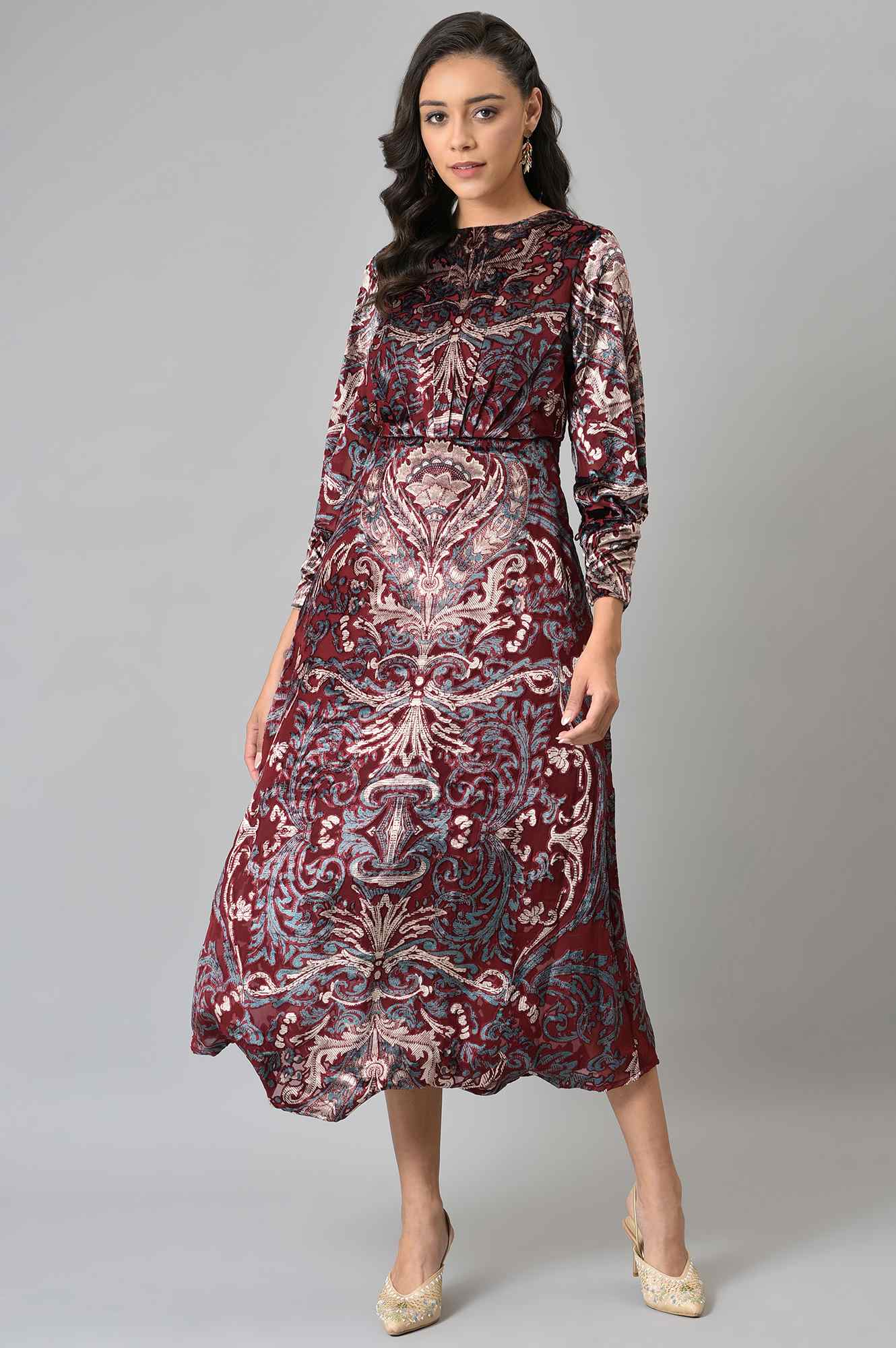 Dark Red Floral Printed Velvet Cocktail Dress - Image 5