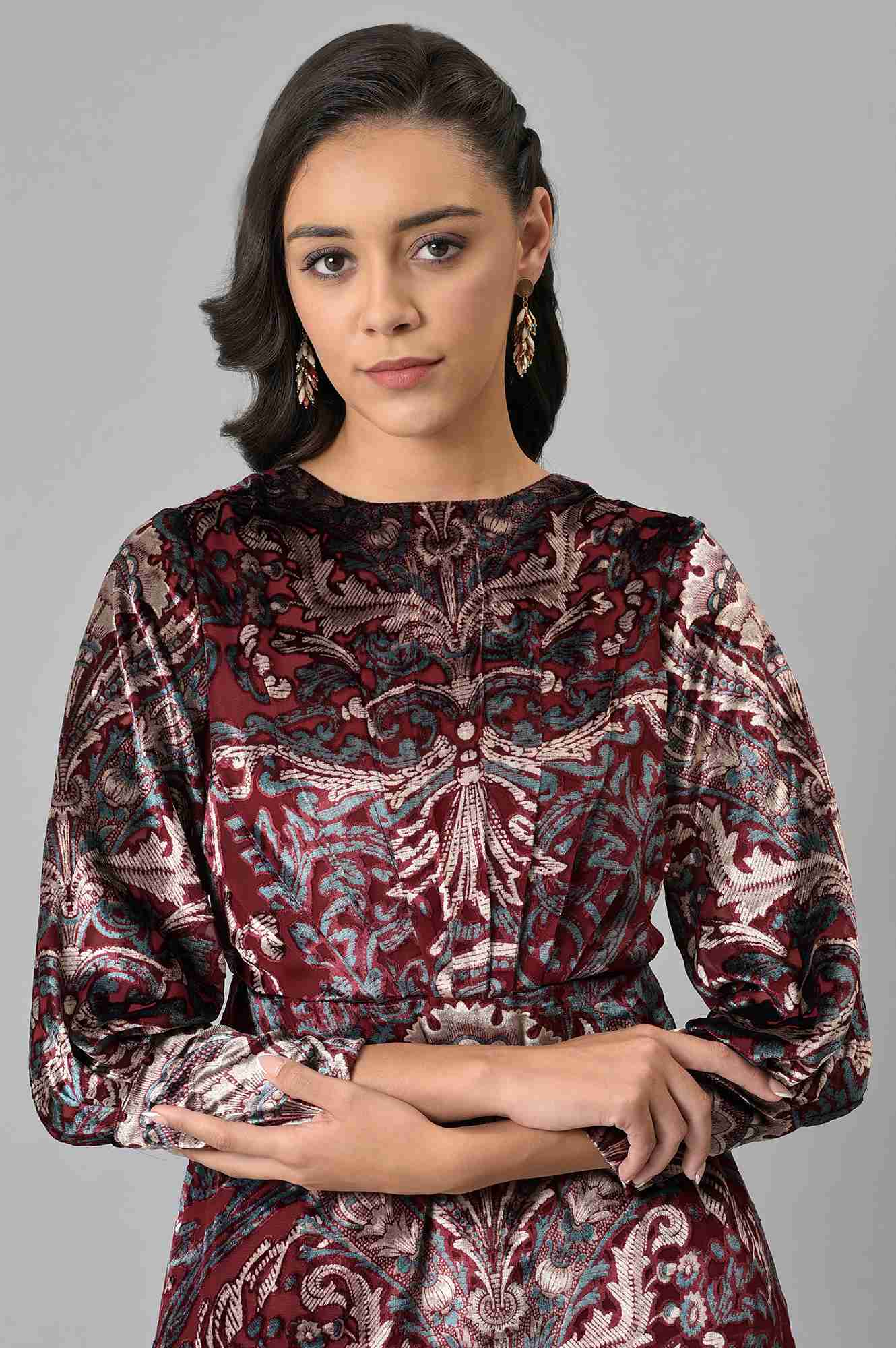 Dark Red Floral Printed Velvet Cocktail Dress - Image 6