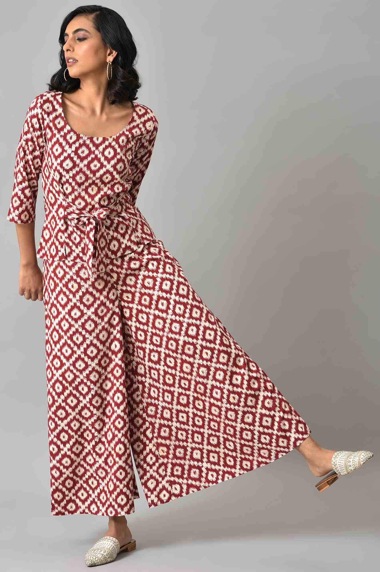 Dark Red Ikkat Print A-line kurta with FLared Pants Co-ord Set - Image 2