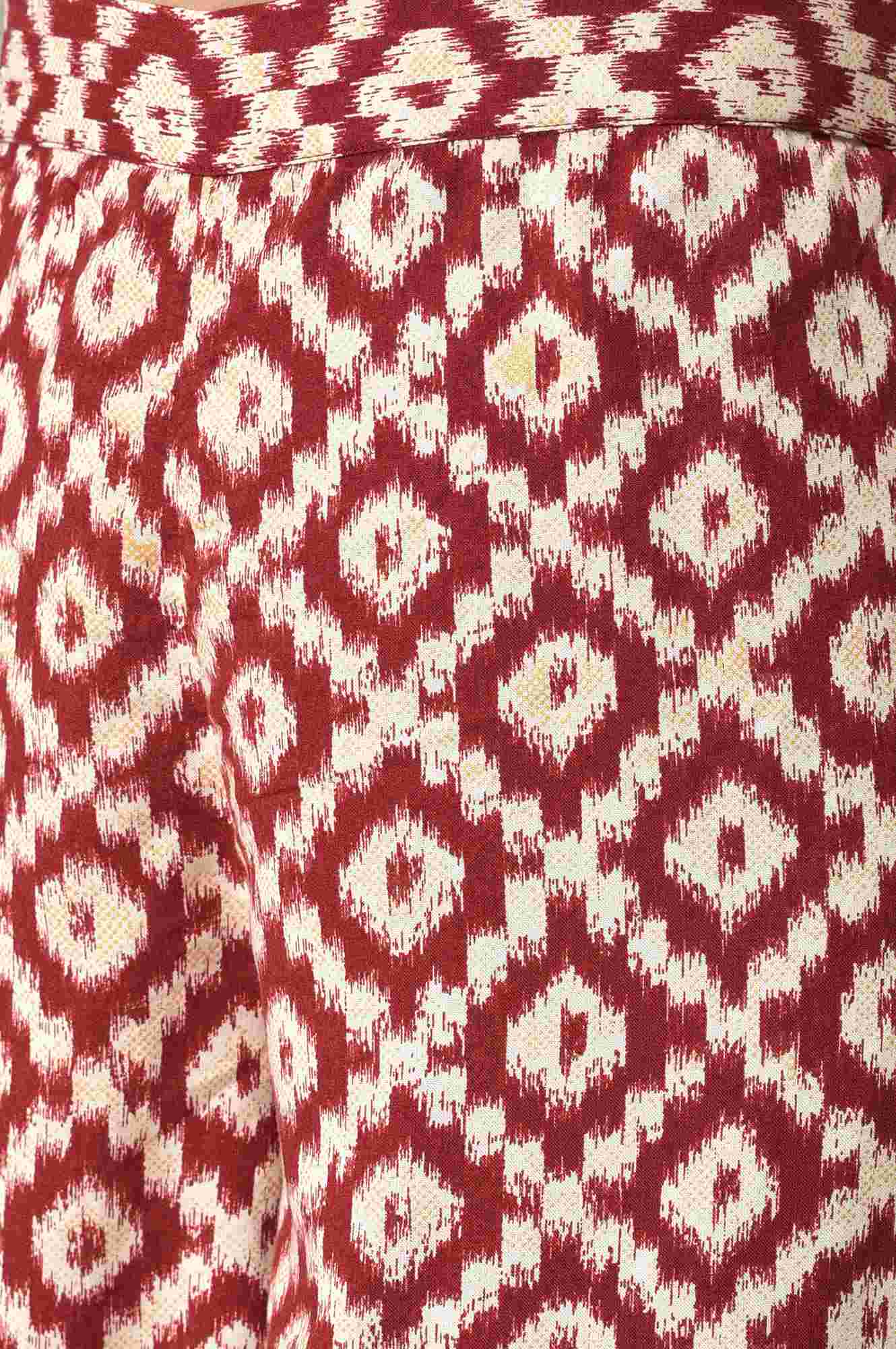 Dark Red Ikkat Print A-line kurta with FLared Pants Co-ord Set - Image 3