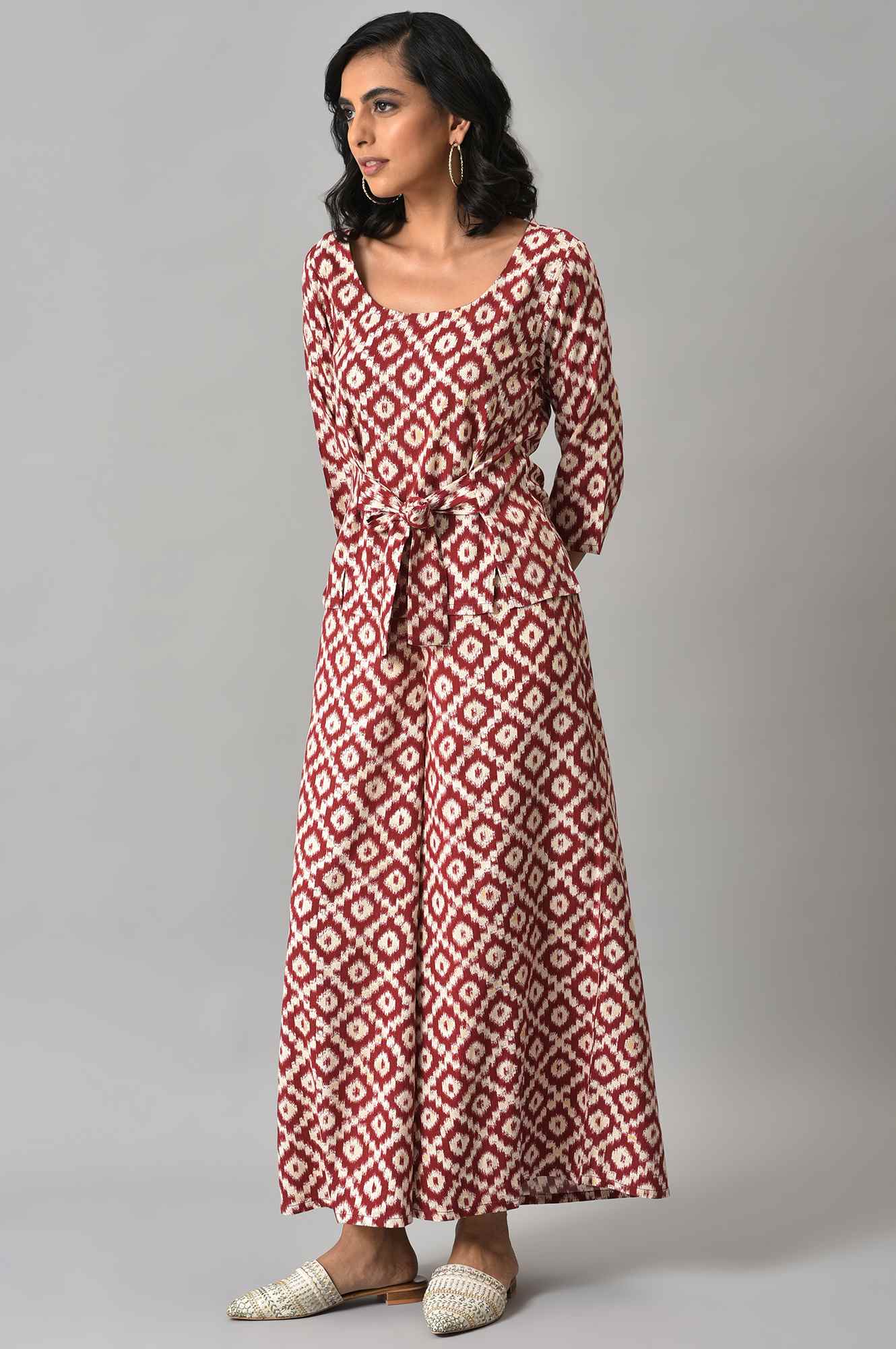 Dark Red Ikkat Print A-line kurta with FLared Pants Co-ord Set - Image 7