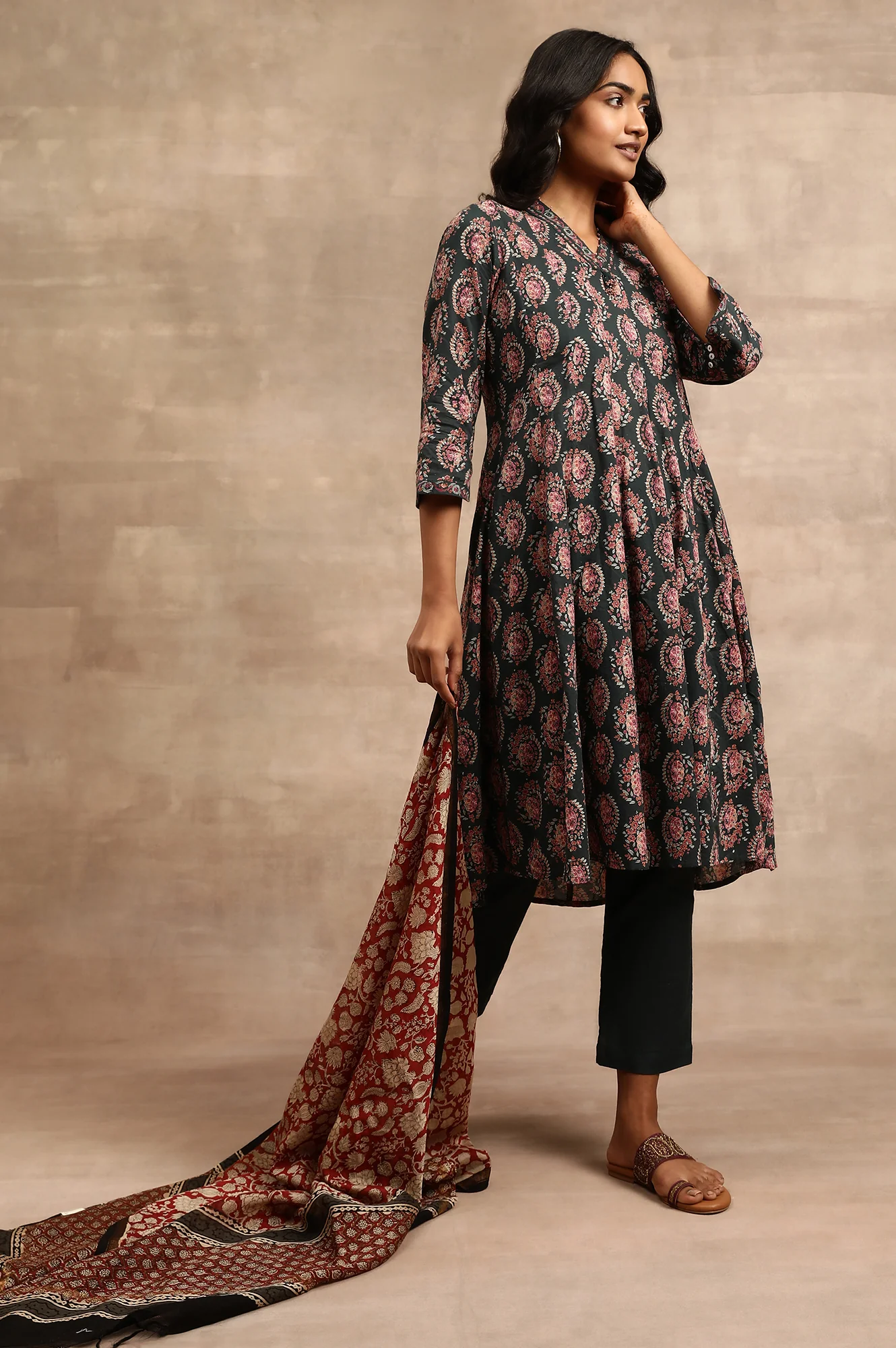 Dark Red Printed Cotton Silk Drape - Image 2