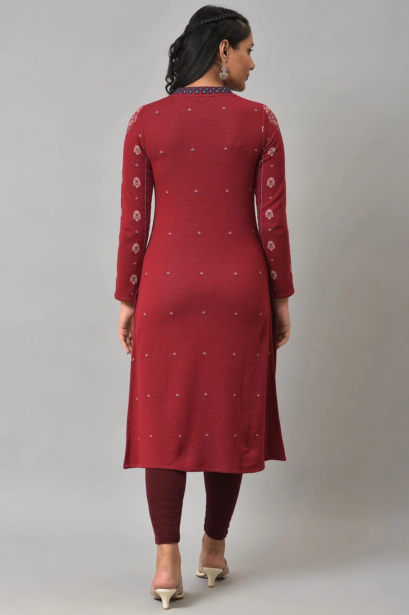 Deep Red Embroidered Winter kurta - Image 2