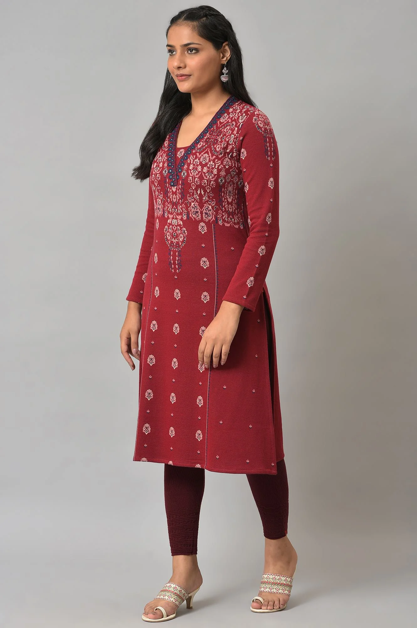 Deep Red Embroidered Winter kurta - Image 3