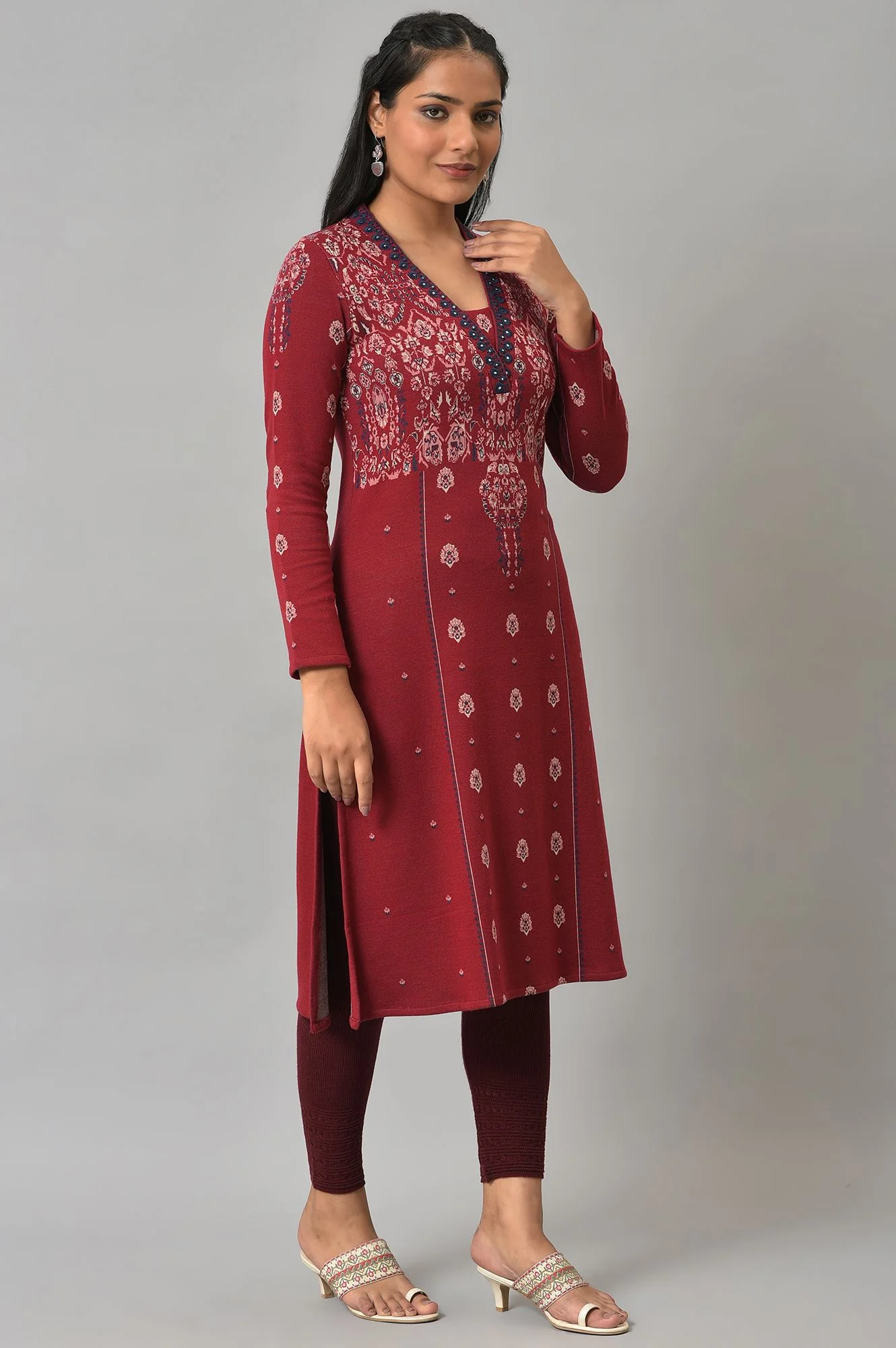Deep Red Embroidered Winter kurta - Image 4