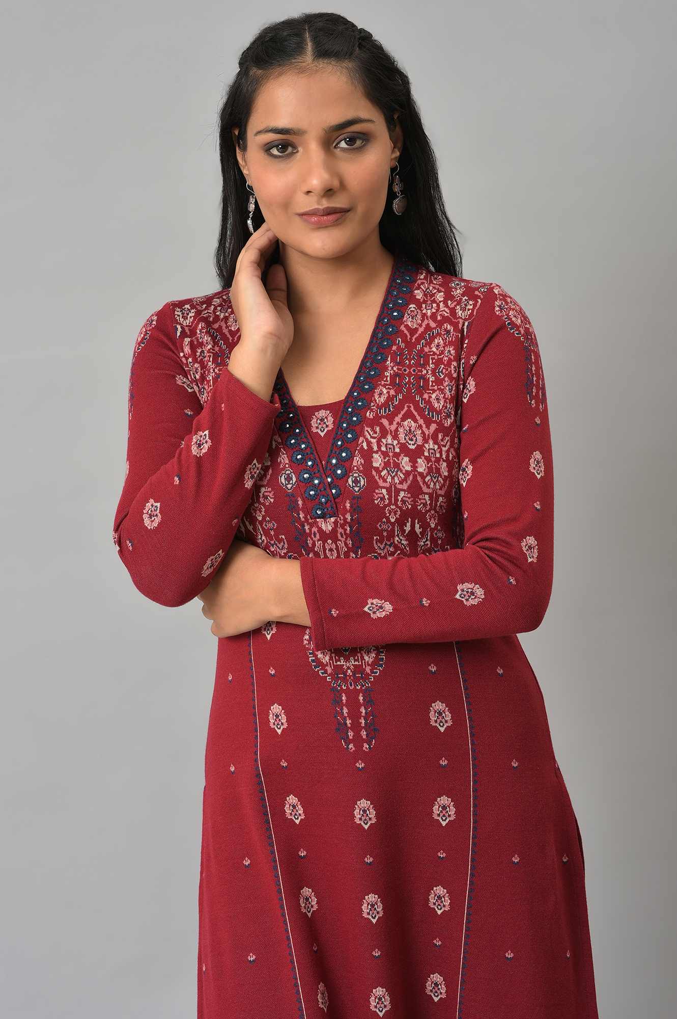 Deep Red Embroidered Winter kurta - Image 5