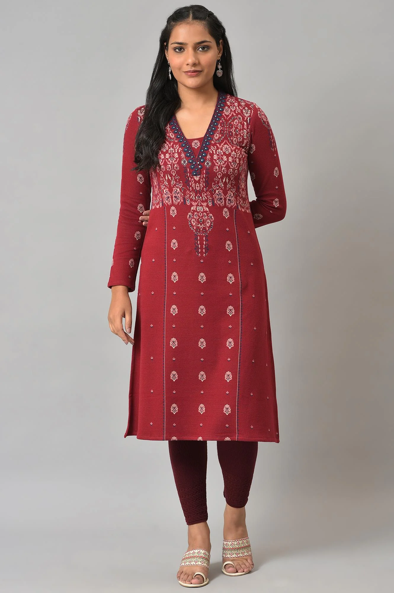 Deep Red Embroidered Winter kurta - Image 6
